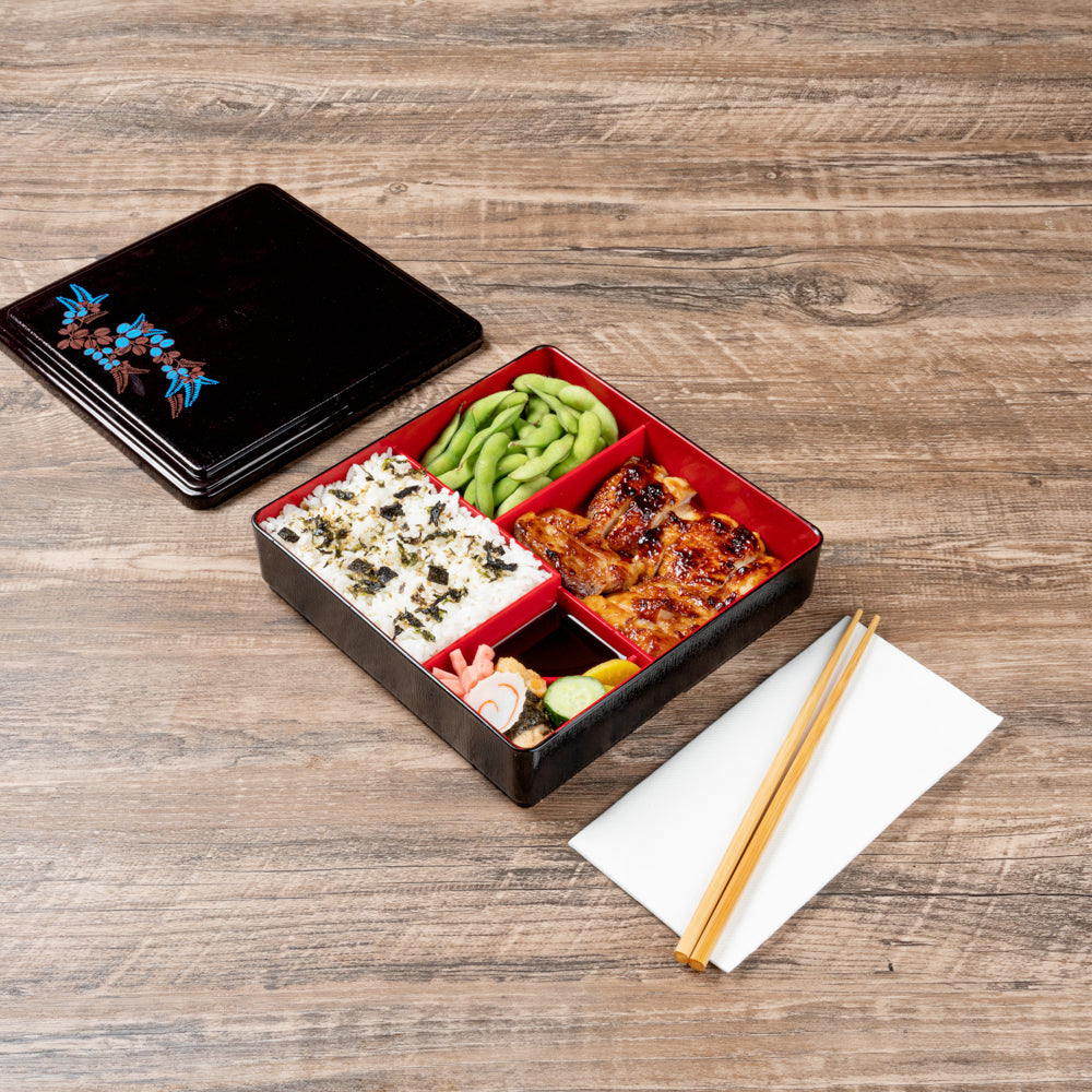 Japanese Style Bento Box - 5 Compartment Black & Red Lunch Box with Lid | 8.25