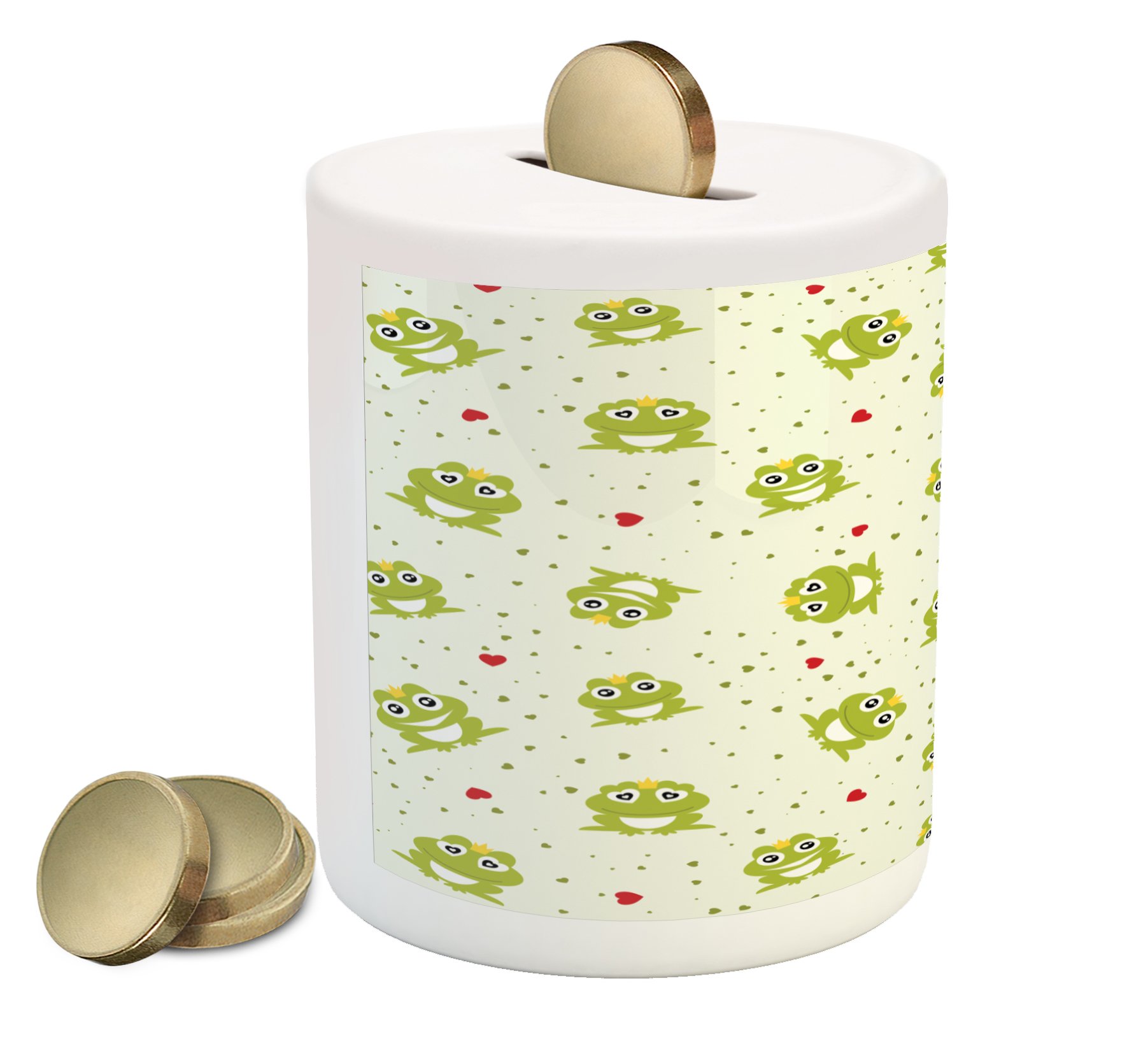 Lunarable Ceramic Piggy Bank - Frog Prince Illustration on Heart Dotted Retro Background, Money Box for Cash Savings (Green/Red/White) | Perfect Gift for Kids, Collectors & Romantic Occasions