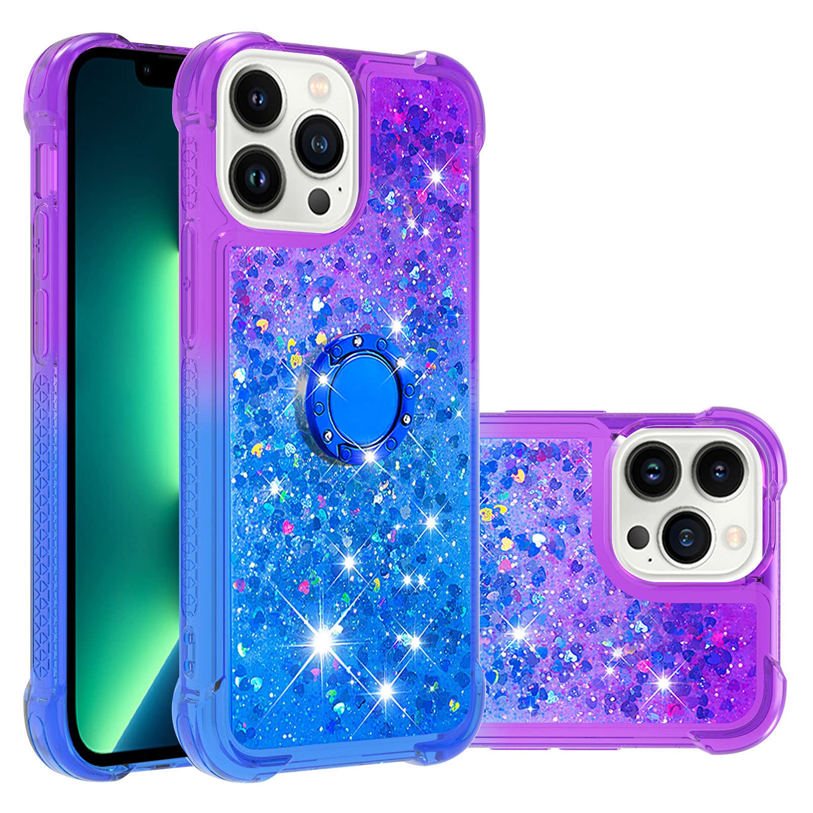 Premium iPhone 13 Pro Max Case - Gradient Quicksand Glitter Bling Liquid Floating Ring with Kickstand | Shockproof TPU Bumper & Reinforced Corners | Stylish Purple-Blue Protective Cover for Women | Perfect for Work, Travel & Everyday Use