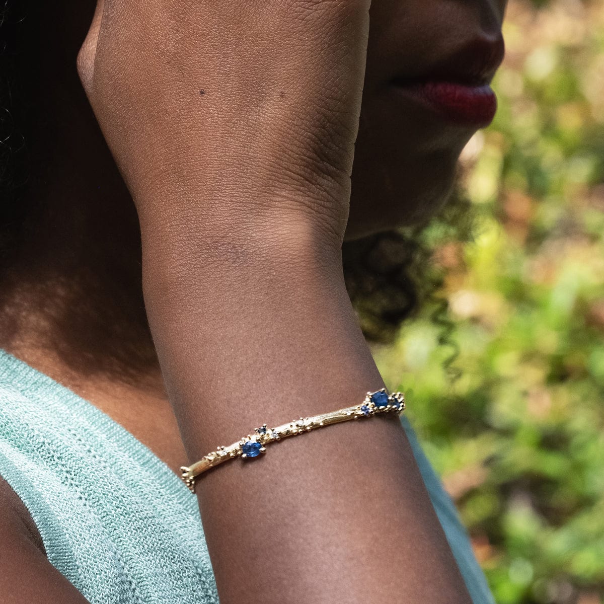 Exquisite 14K Gold Cuff Bracelet with Genuine Sapphire & Diamond Accents - Perfect for Weddings, Anniversaries & Special Occasions