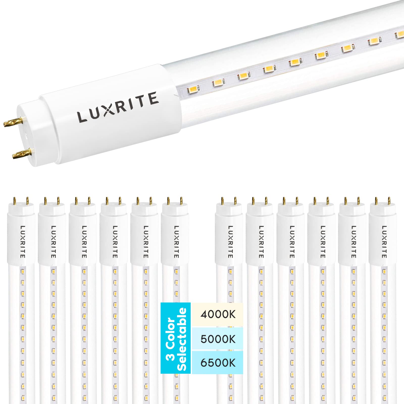 Luxrite 12-Pack 4FT T8 LED Tube Lights, Type A+B, 18W (Replaces 32W), 4000K/5000K/6500K Color Temperatures, Single & Double End Powered, Plug & Play or Ballast Bypass, 2340 Lumens, F32T8, Clear Cover, UL Listed - Perfect for Office, Garage, Warehouse & Commercial Lighting