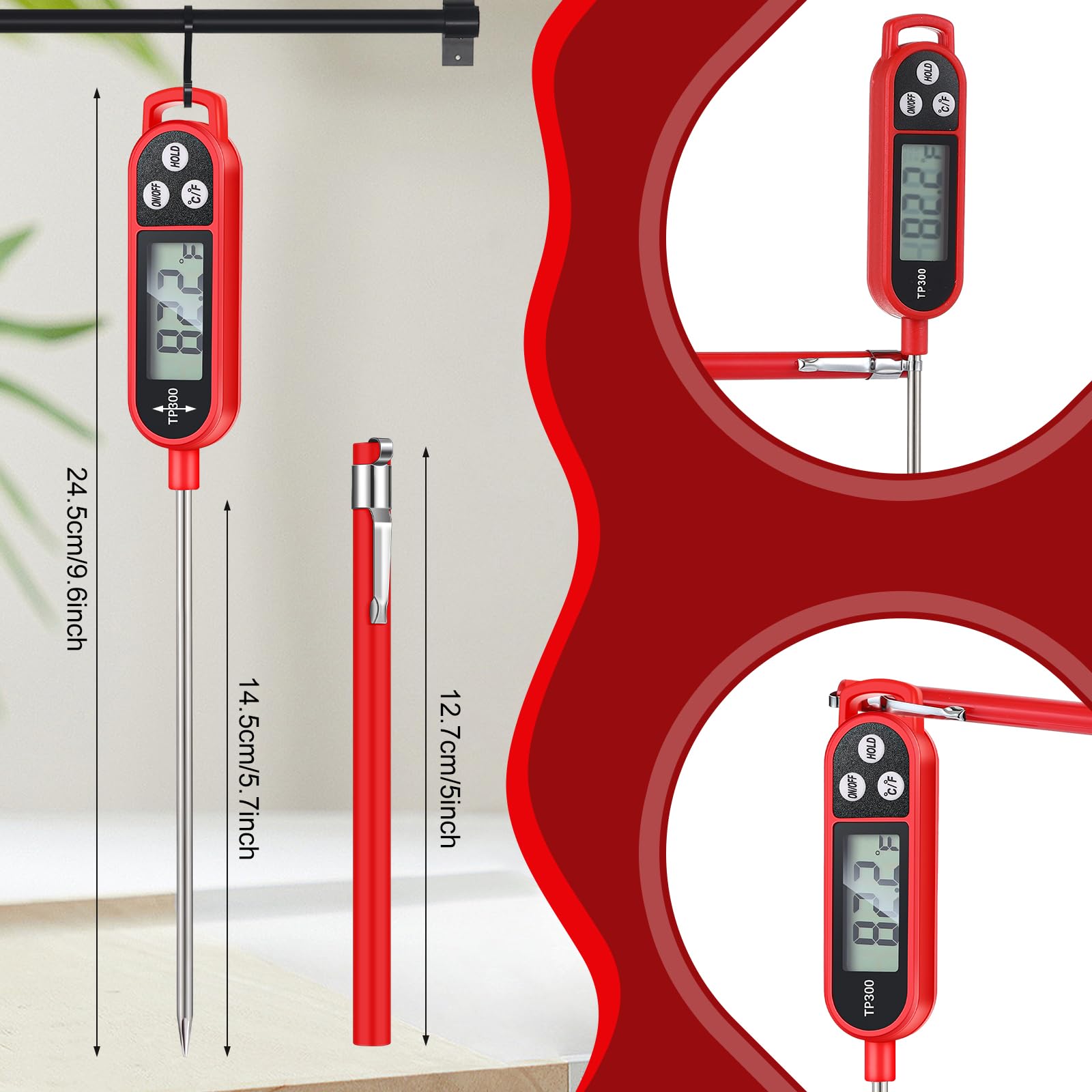 Digital Meat Thermometer with Probe - Instant Read Food Thermometer for Cooking, BBQ, Grilling, Milk & Yogurt - Waterproof Kitchen Thermometer (Red) - Perfect for Grilling, Baking, Roasting & Food Safety Checks