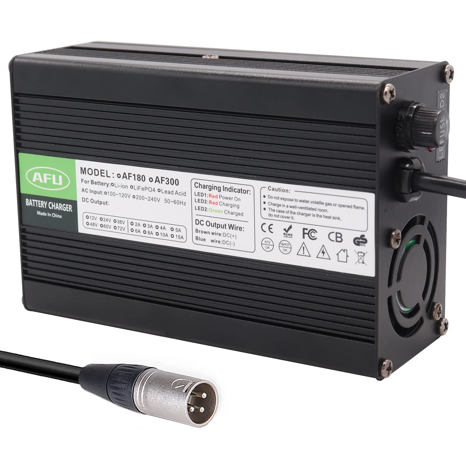 50.4V 5A Smart Charger for 12S 44.4V Li-ion/Lipo/LiMn2O4/LiCoO2 Batteries - Aluminum Case with Cooling Fan & 3-Pin XLR Plug | Perfect for RC Cars, Drones, and Electric Scooters