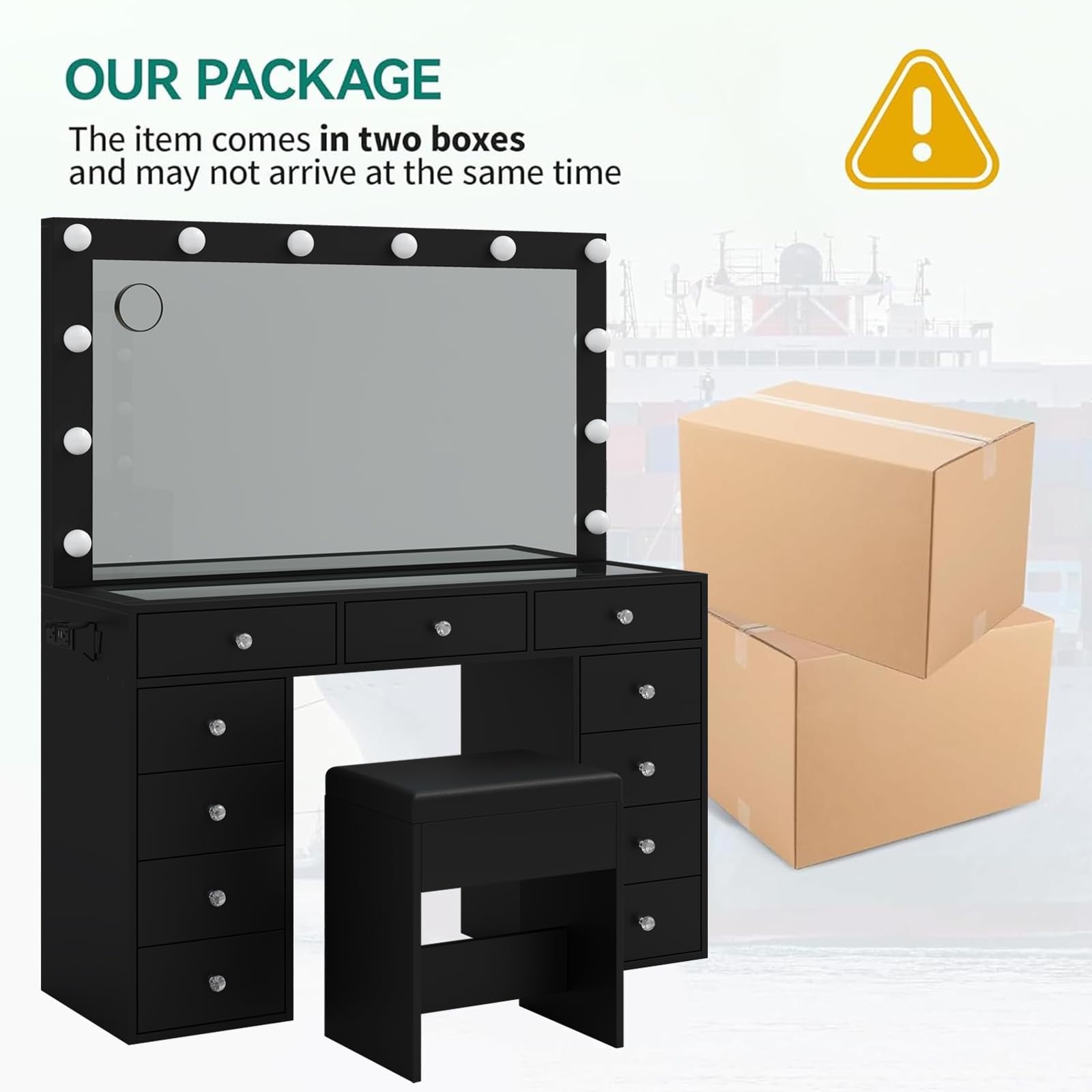 Vanity Desk with Power Outlet & 12 LED Lights - Makeup Table with Mirror, 11 Drawers & 3 Adjustable Lighting Modes - Perfect for Bedroom, Dressing Room & Beauty Salon (Black)