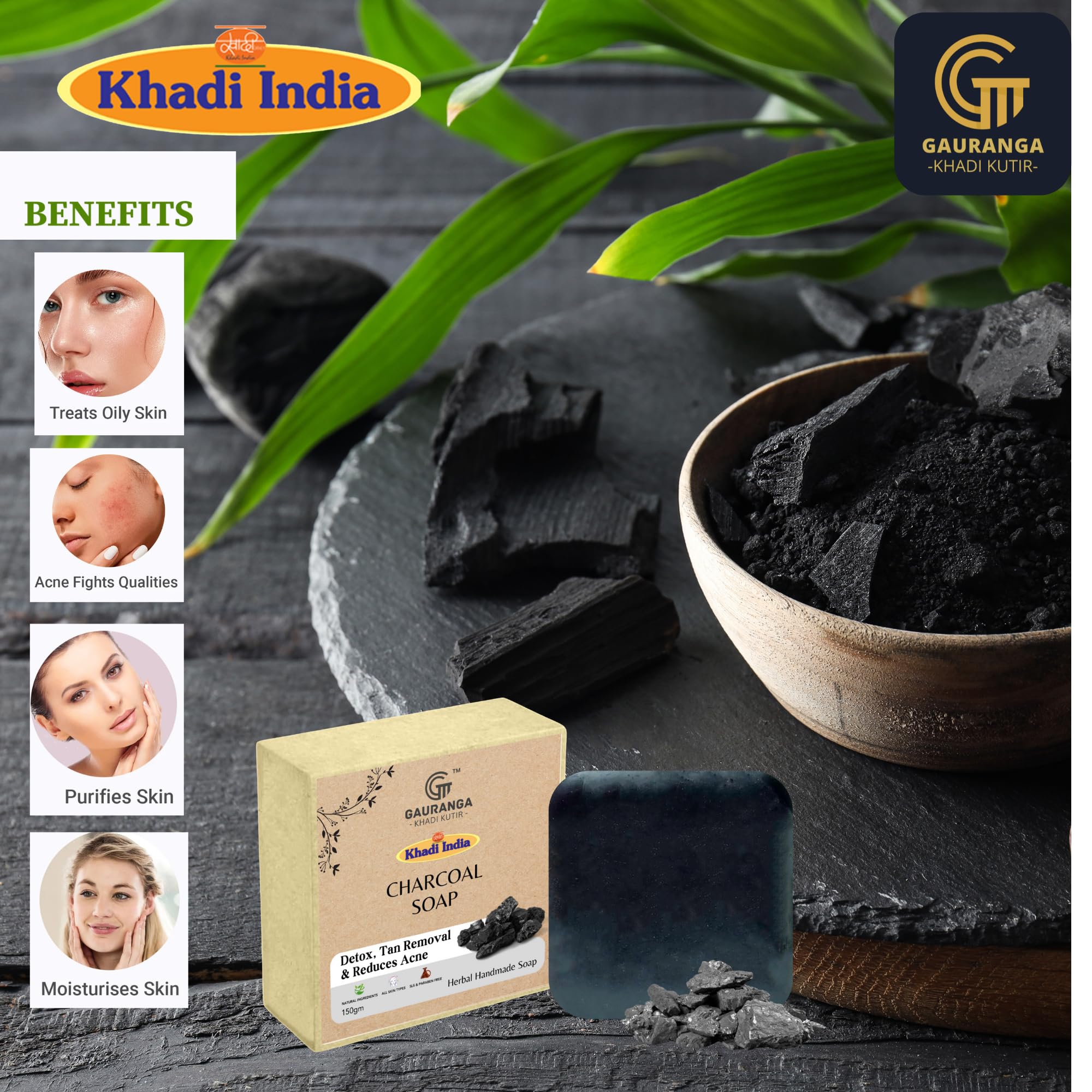 Khadi Activated Charcoal & Tea Tree Oil Soap - 3 Pack (75g Each) for Acne-Free, Bright Skin | Natural Detox & Tan Removal Face & Body Wash | Perfect for Daily Skincare & Deep Cleansing Routine