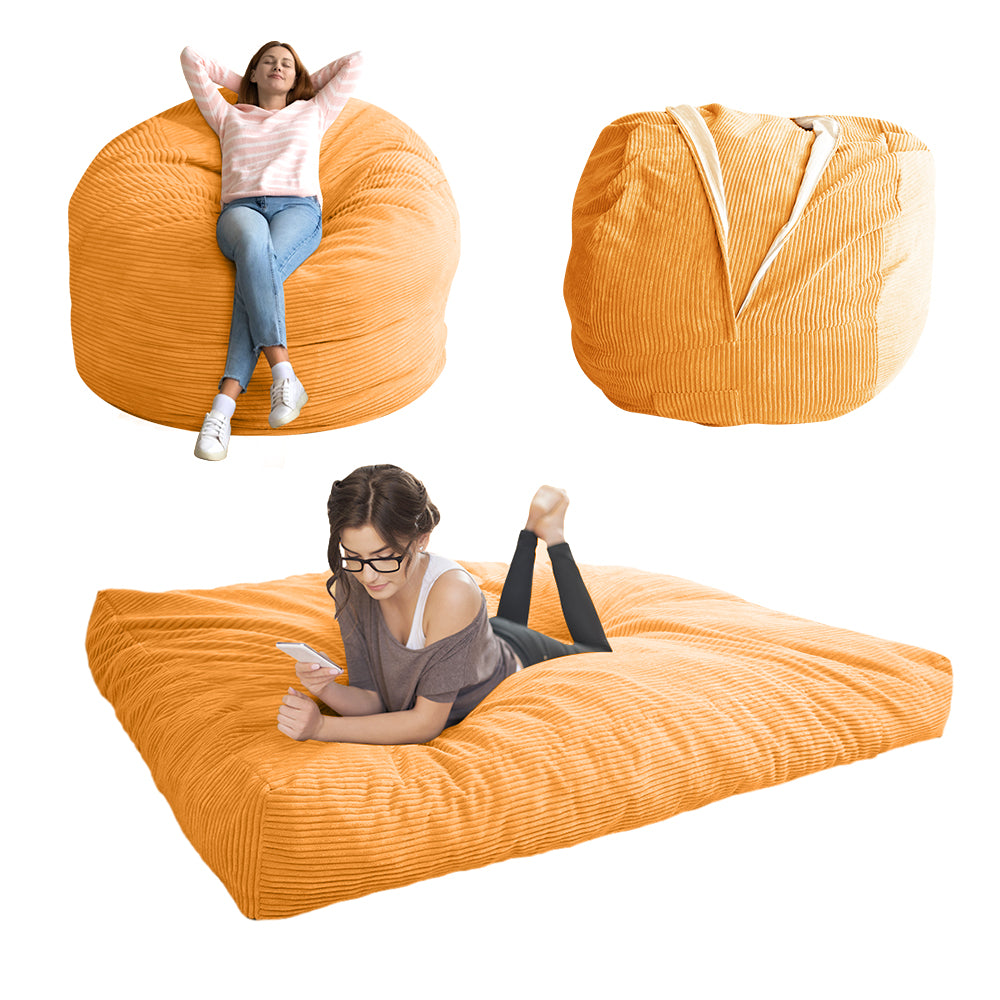 MAXYOYO 4ft Convertible Bean Bag Bed - Corduroy Floor Sleeper Sofa for Adults & Kids | Orange | Perfect for Living Room, Bedroom & Dorm Room
