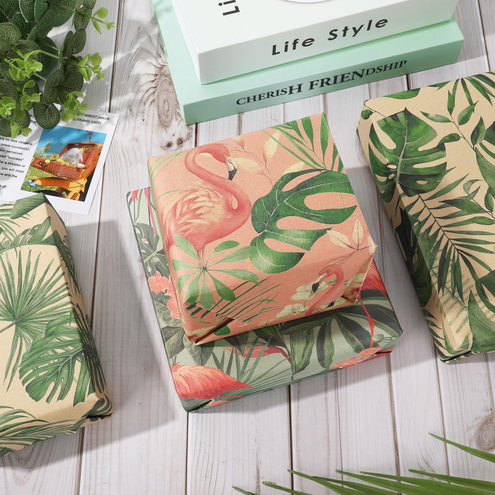 AnyDesign 12-Sheet Tropical Plants & Flamingo Leaves Kraft Wrapping Paper Set - 4 Unique Designs, 19.7 x 27.6 Inch Bulk DIY Gift Wrap for Birthday Parties, Wedding Favors & Craft Projects - Eco-Friendly Folded Flat Art Paper