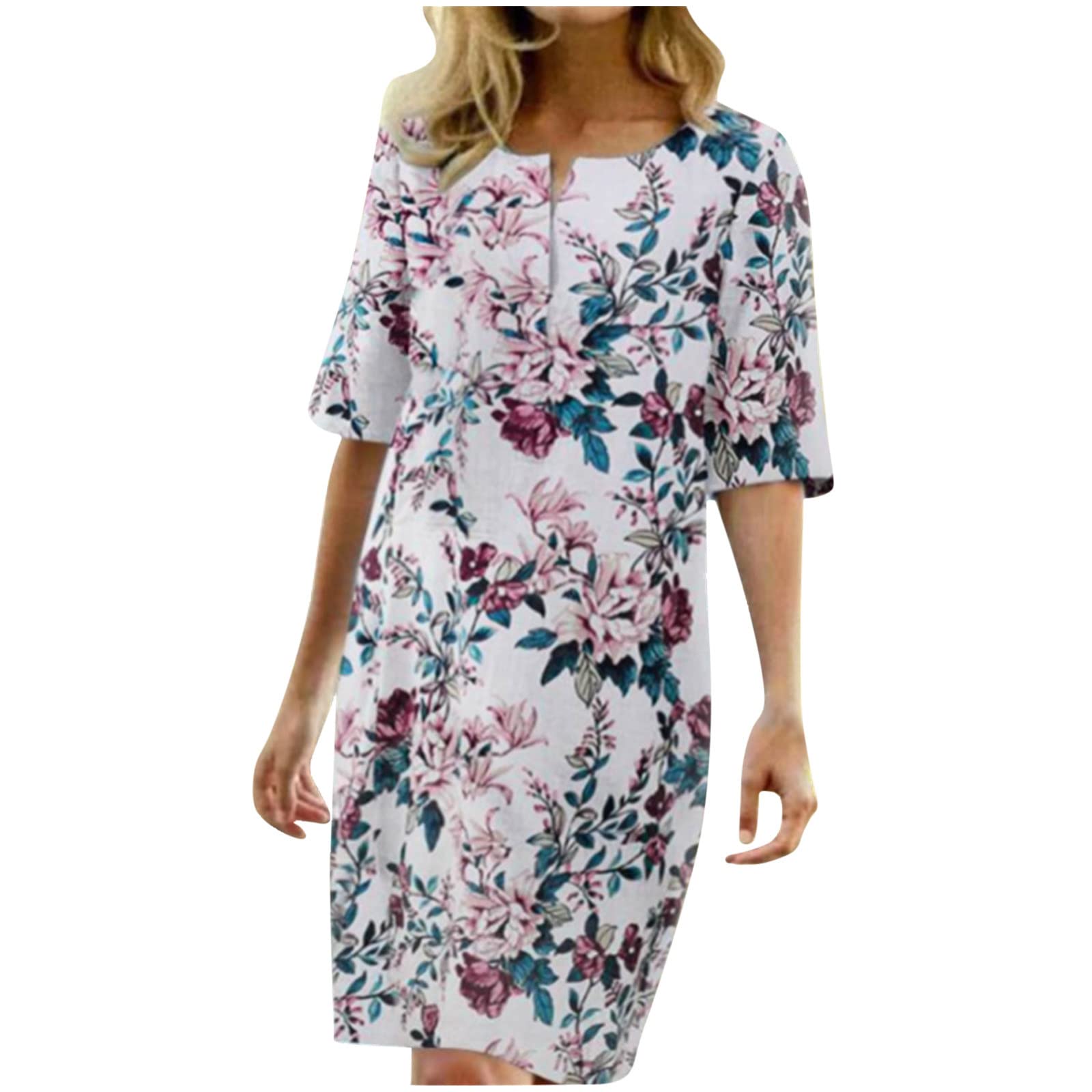 Women's Floral Boho Midi Dress - Summer Half Sleeve Beach Sundress with Trendy Print, Loose Fit Holiday Dress for Vacation, Party & Casual Outings