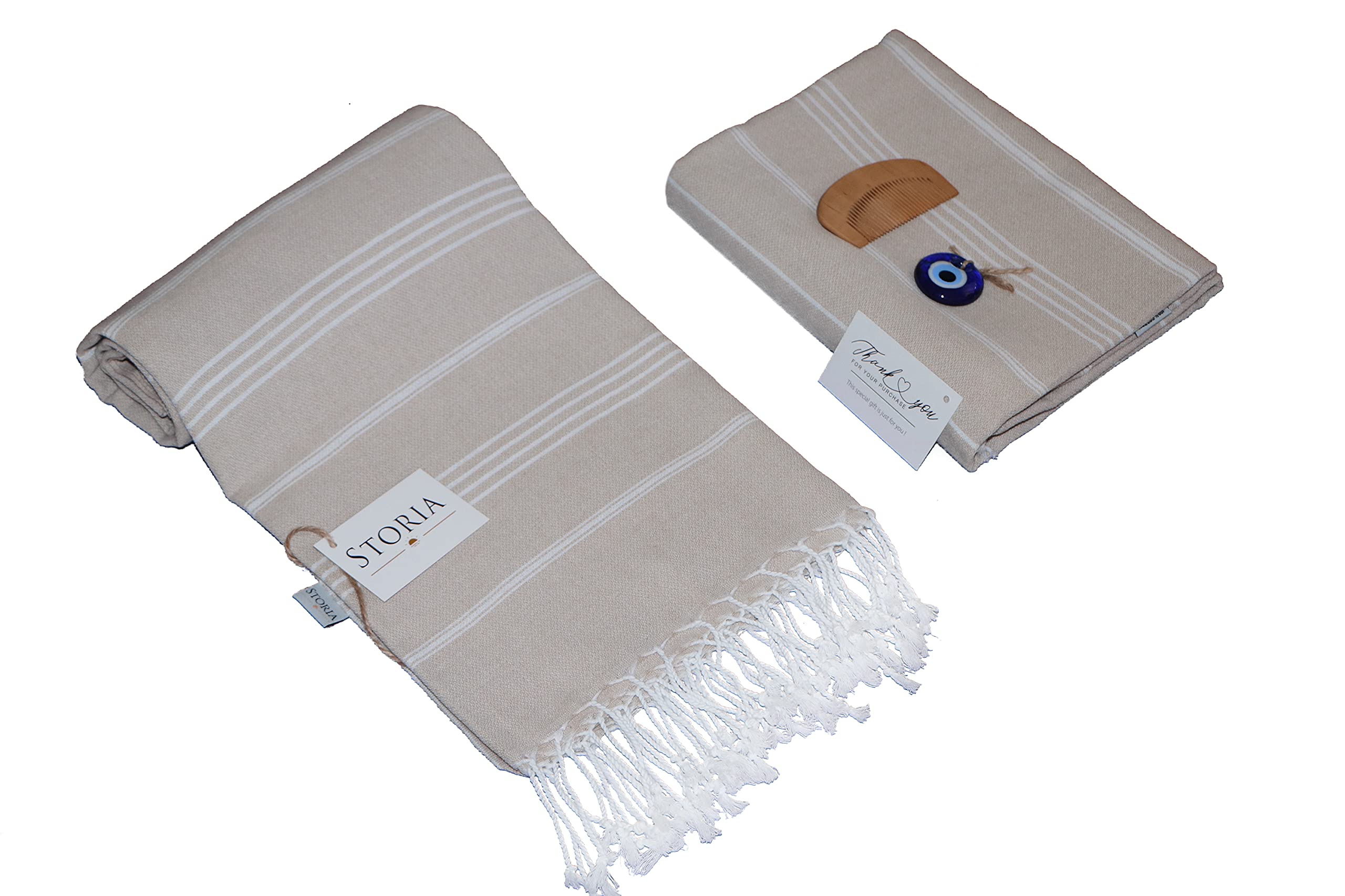STORIA - 100% Cotton Turkish Beach Towel - Quick Dry Bath Towel - Large Thin Towel for Bath, Hammam, Beach, Pool, Gym, Yoga & Picnic Blanket - Perfect for Summer Vacation, Spa Day and Outdoor Activities (Beige)