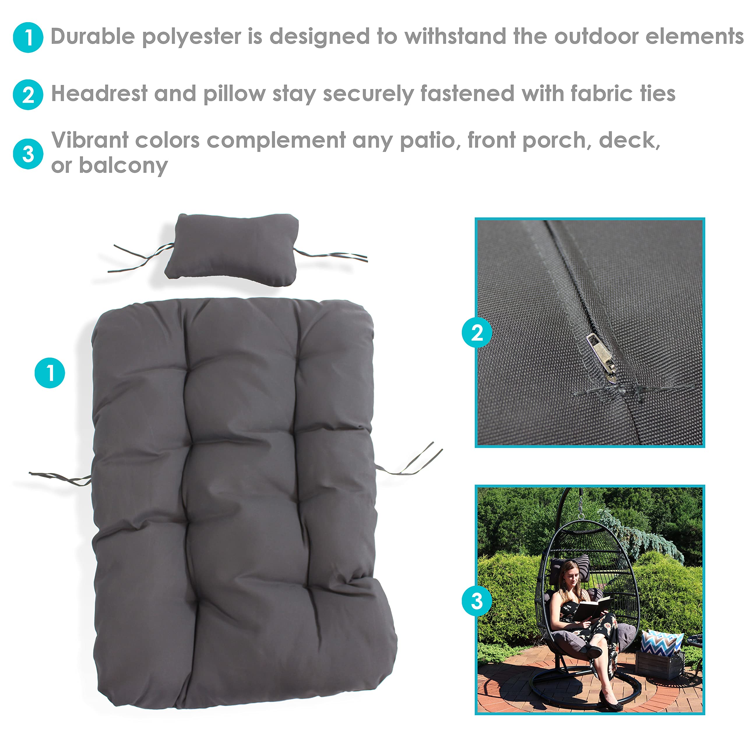 Sunnydaze Julia Polyester Egg Chair Cushion Set with Headrest Pillow & Ties - Gray Outdoor Patio Furniture Accessories for Garden, Poolside & Backyard Relaxation