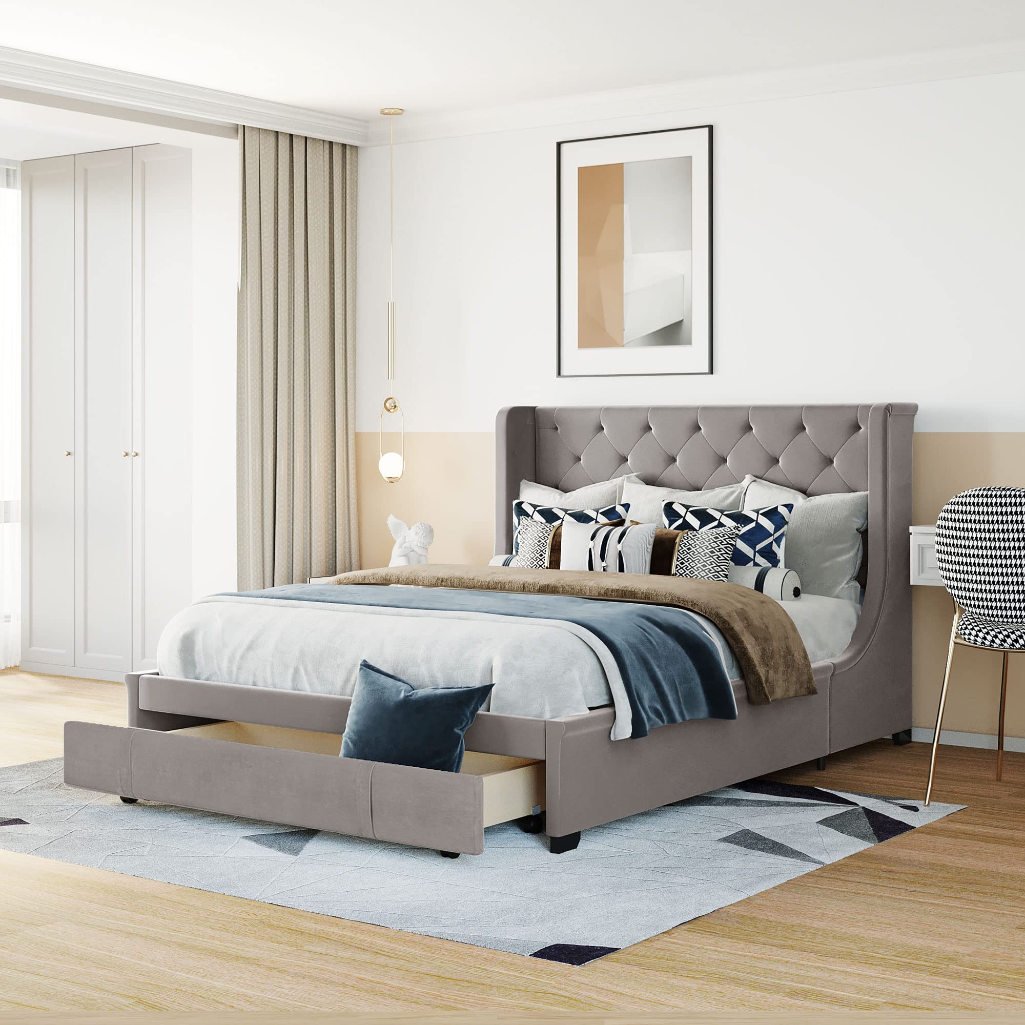TRIPLE TREE Queen Size Storage Bed with 4 Drawers, Upholstered Wingback Platform Bed Frame with Wooden Slat Support - Modern Bedroom Furniture for Teens & Adults (Gray) | Perfect for Small Spaces & Guest Rooms