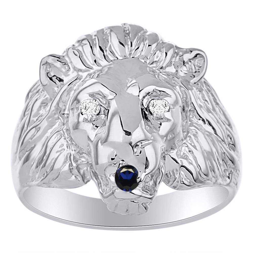 Men's Sterling Silver Lion Head Ring with Genuine Diamond & Ruby/Sapphire/Emerald - Elegant Jewelry for Men, Perfect Gift for Him, Wedding Band, Anniversary Present, or Stylish Everyday Accessory