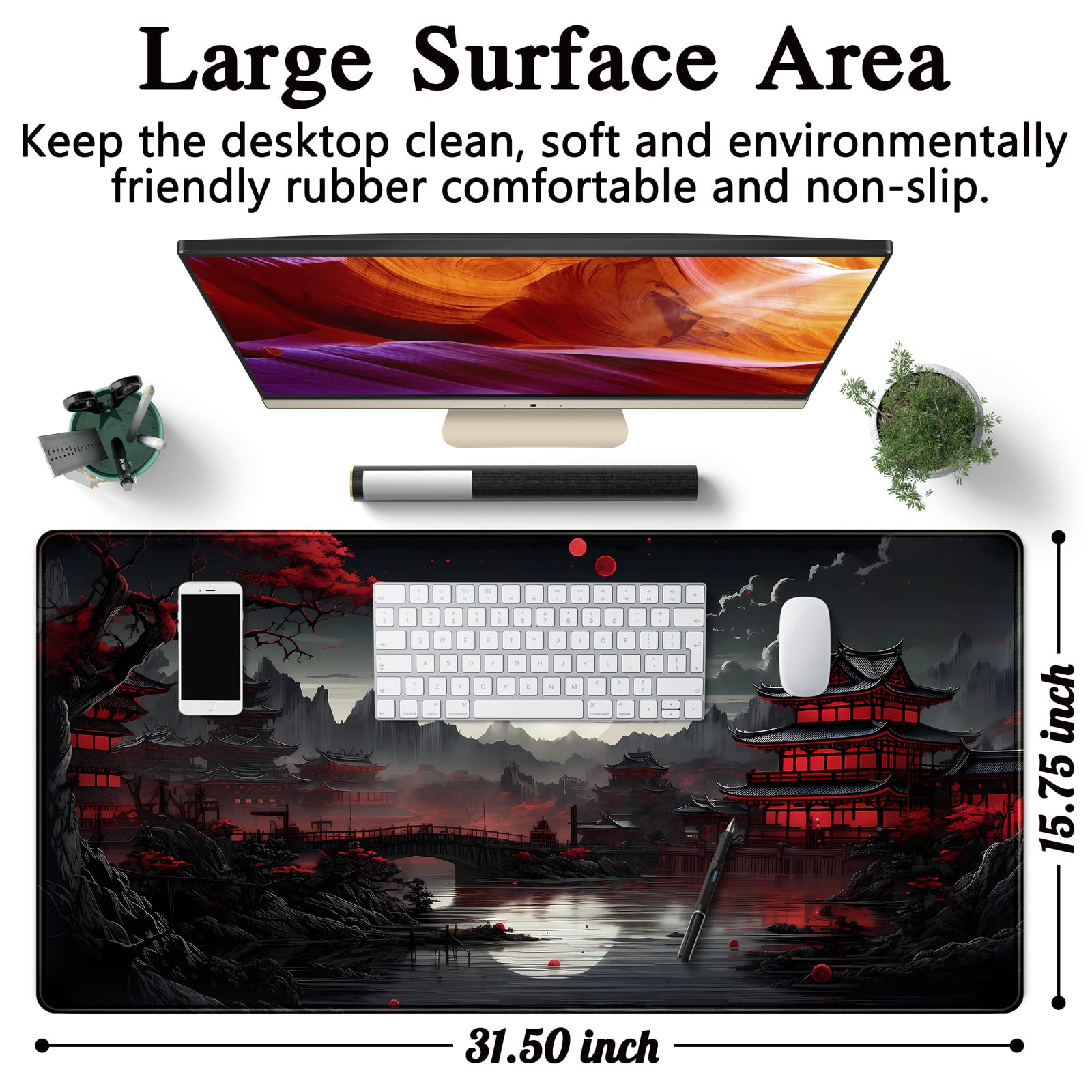 Japanese Riverside Full Moon Extended XXL Desk Mat - 31.5 x 15.7 Inch Large Gaming Mouse Pad & Keyboard Mat in Black & Red - Perfect for Office, Gaming Setup, and Laptop Computer Workstation Decor