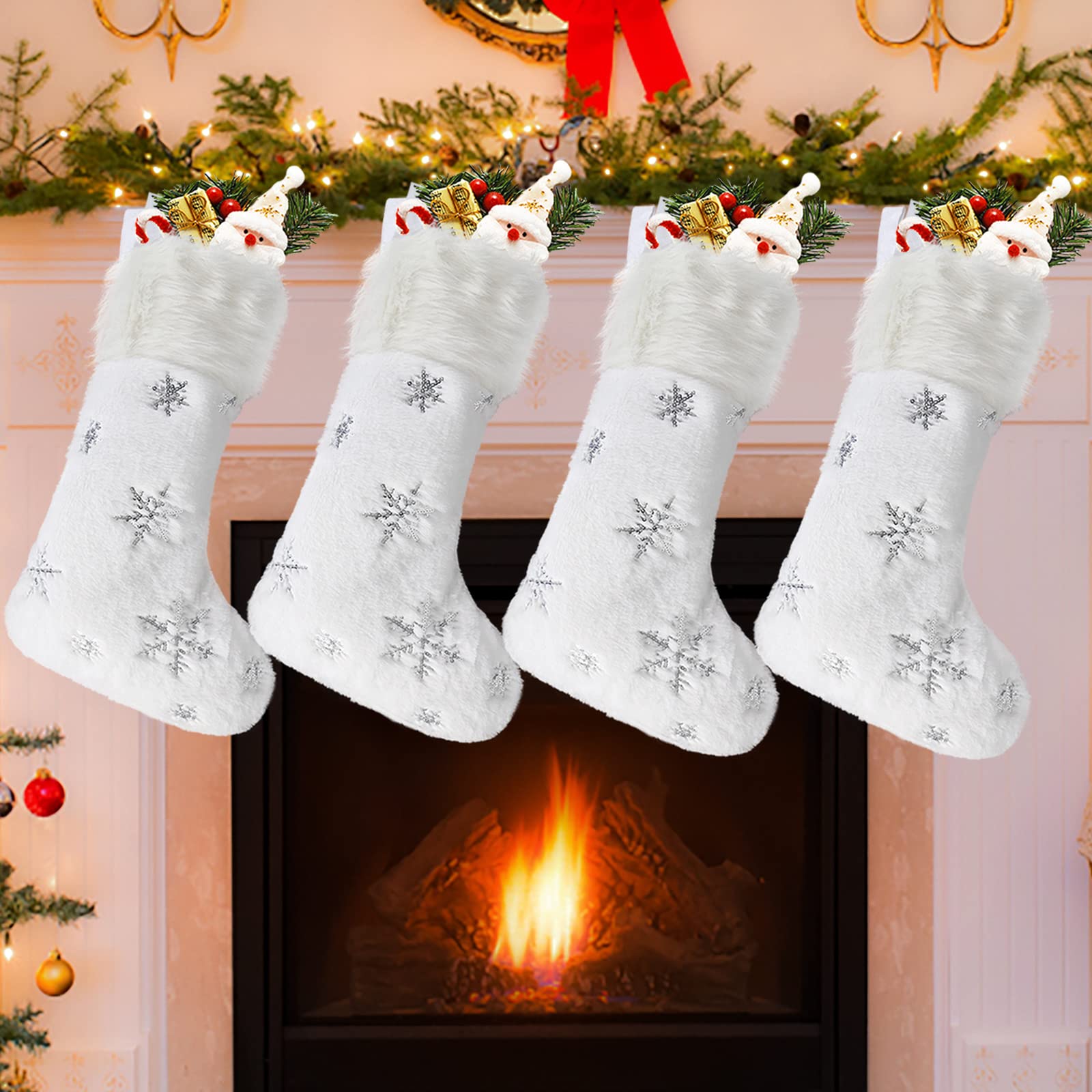 DIYASY 4-Pack Large White Faux Fur Christmas Stockings with Silver Sequin Snowflakes - Personalized Holiday Stockings for Fireplace, Mantel & Party Decor (17.5 Inch) - Perfect for Family Gift Exchange & Festive Home Decor