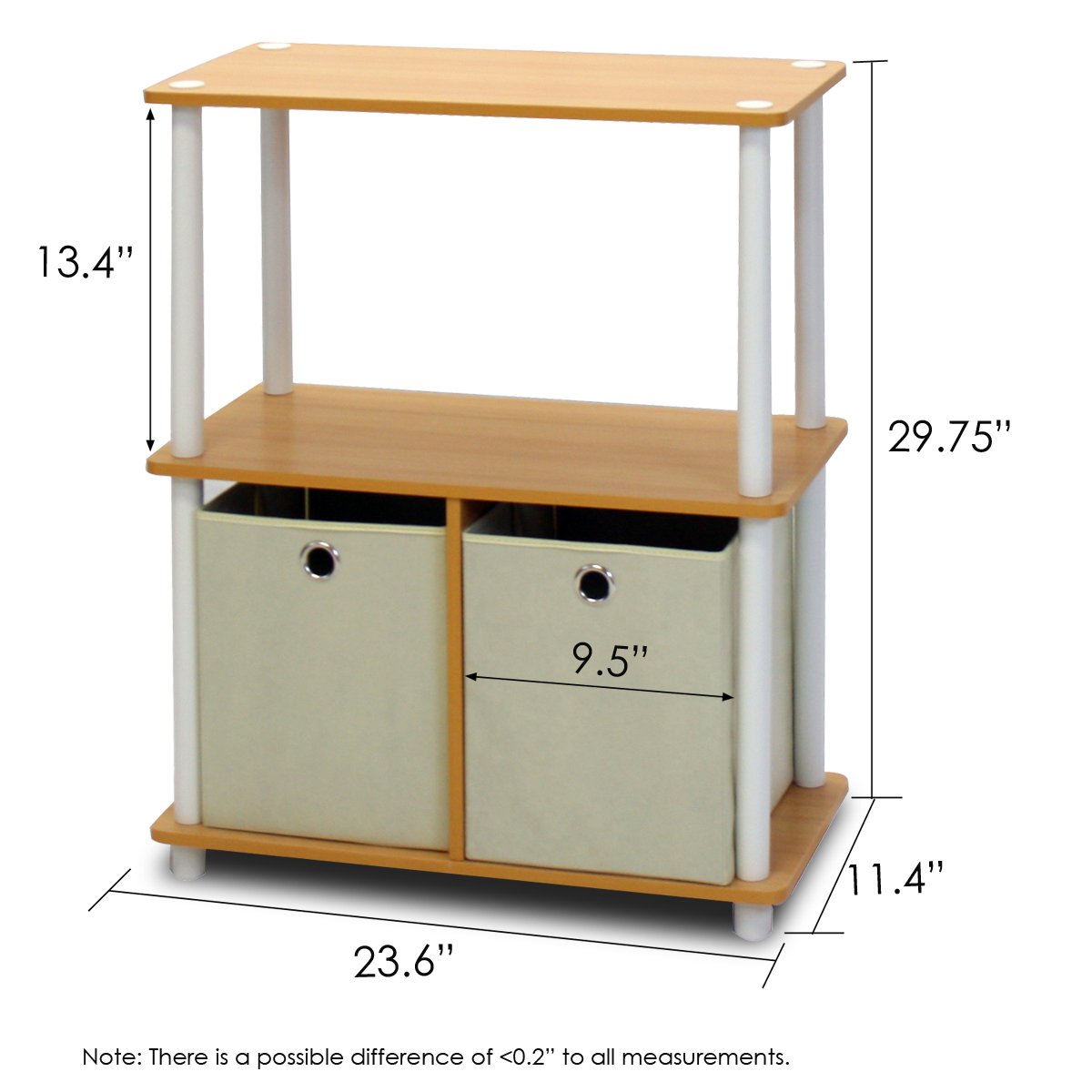 Furinno 3-Tier Multipurpose Storage Shelf - Space Saving Bookshelf Cabinet with 2 Bins for Home Office Organization, Beech Finish | Perfect for Storing Books, Toys, Kitchen Supplies & Home Decor
