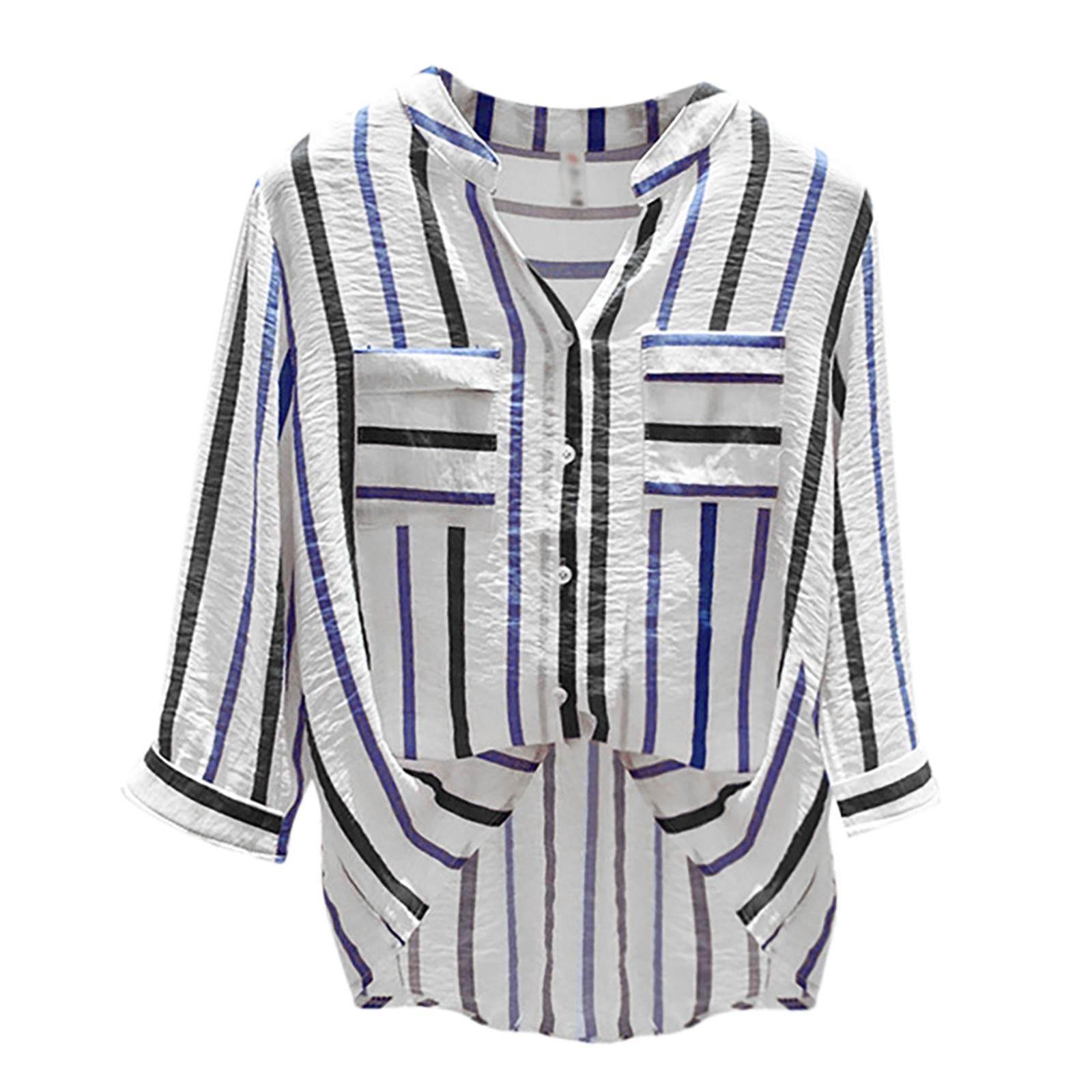 Women's Fashion V-Neck Button Down Blouse - Loose Fit Half Striped Sleeve Top with Wide Neckline | Perfect for Casual Wear, Office Outfits & Summer Style