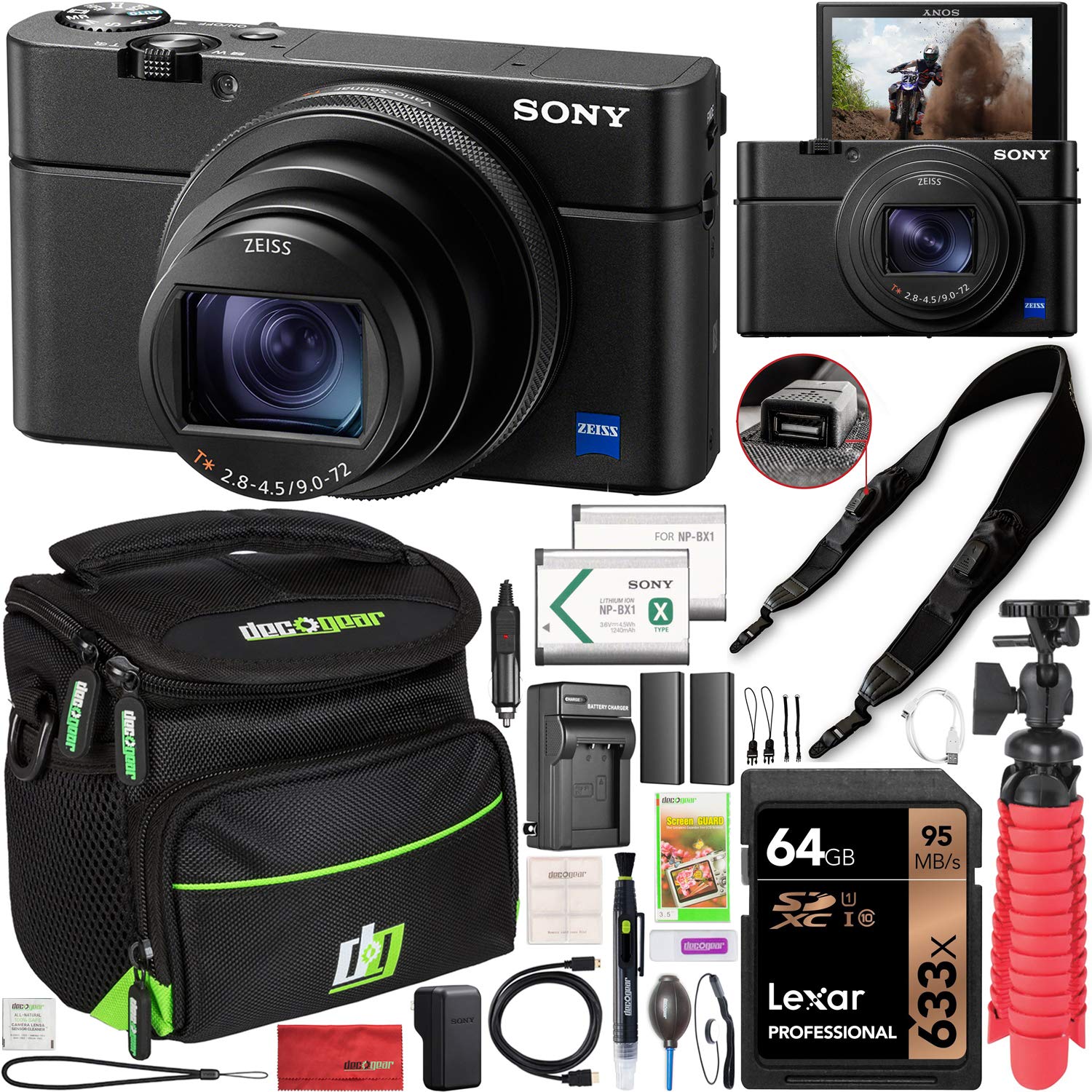 Sony Cyber-Shot RX100 VII RX100M7 4K UHD Digital Camera with Zeiss 24-200mm Zoom Lens - Power Bundle Includes Deco Photo Strap, Built-in Charging, 2X Battery, Case, Tripod Grip & Accessories - Perfect for Travel Photography, Vlogging & Professional Shooting