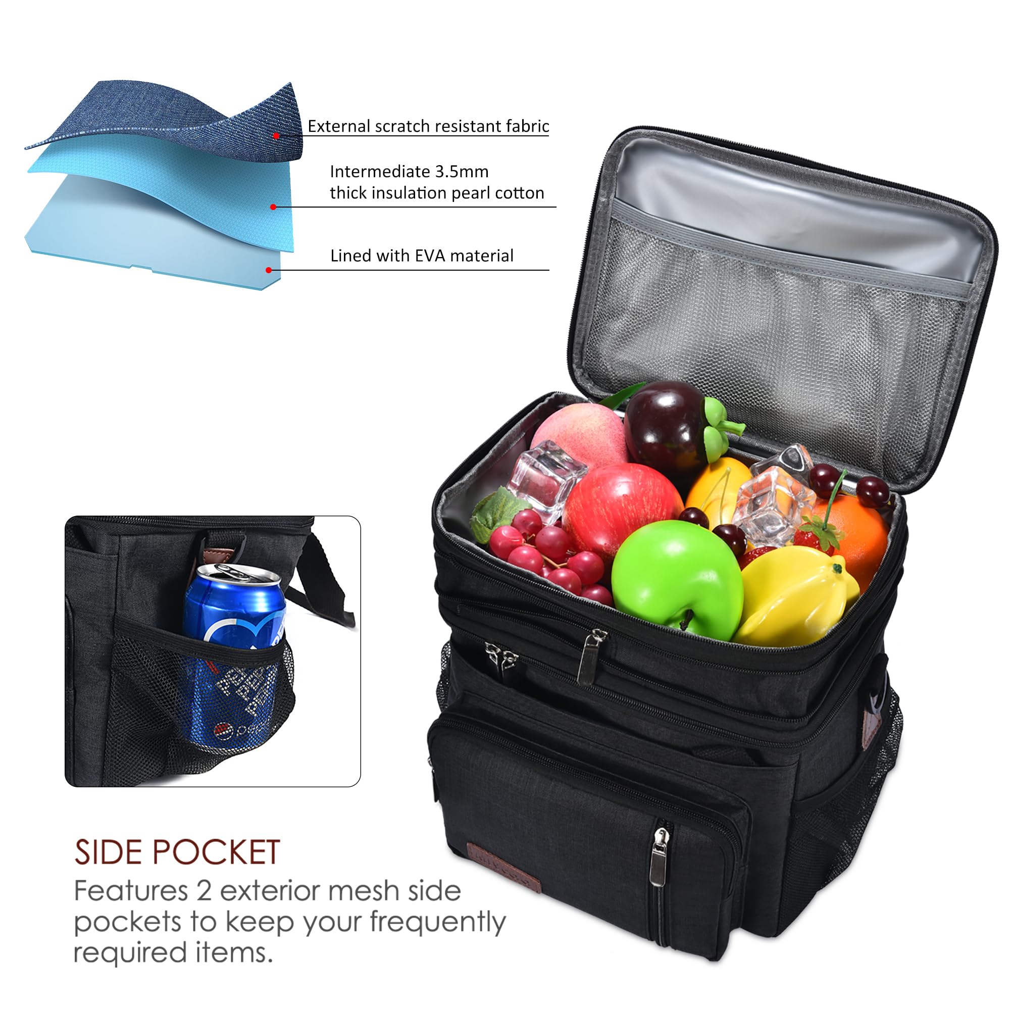 MIYCOO Insulated Lunch Bag & Lunch Box for Men & Women - Leakproof Double Deck Soft Cooler Bag for Work, Office, School, Picnic (15L, Black) - Perfect for Meal Prep, Travel & Outdoor Activities