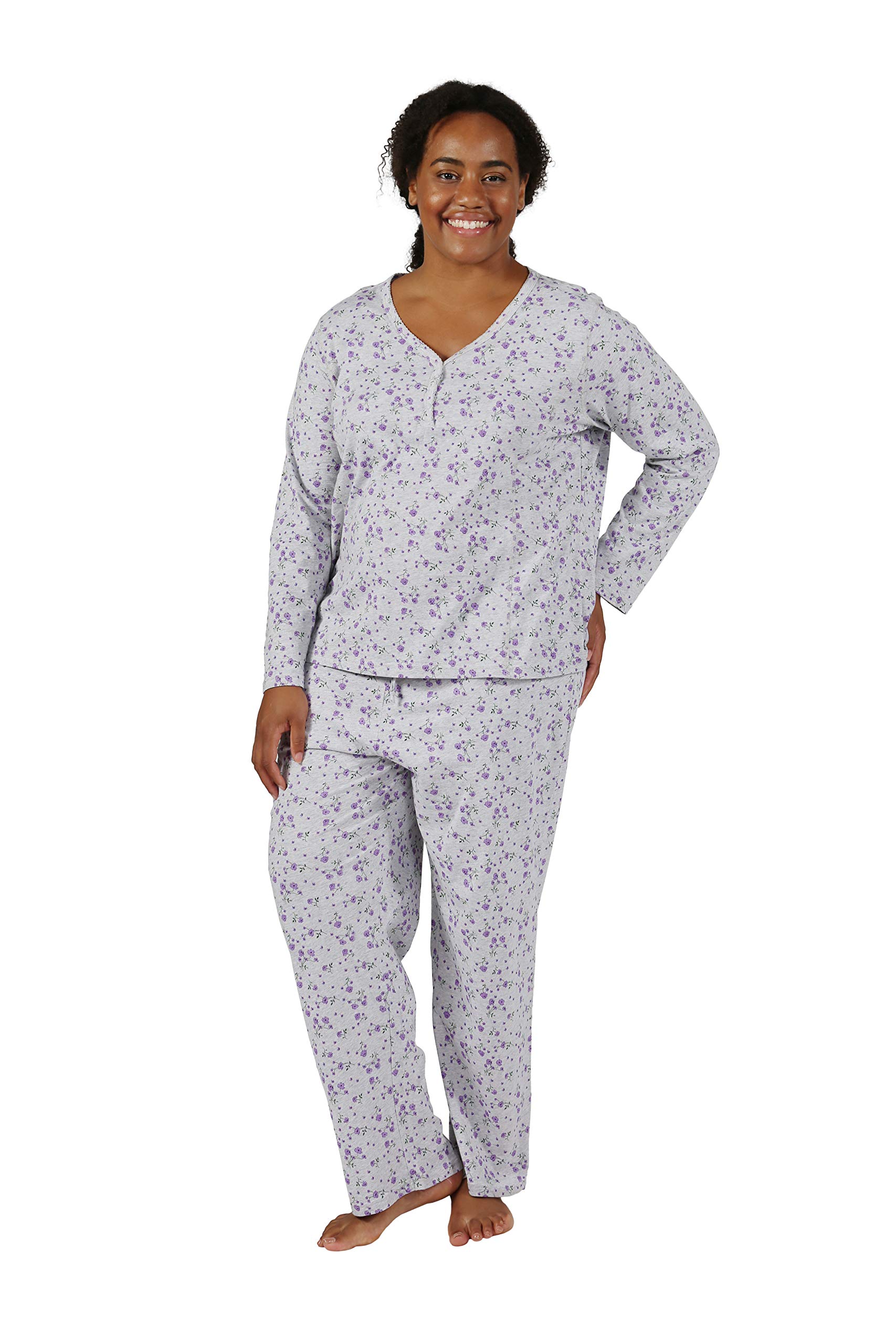LA CERA Women's Plus Size Floral Print Cotton Pajama Set - Soft Long Sleeve Snap Front Nightwear with Side Pockets | Lightweight Sleepwear for Relaxing at Home & Cozy Lounging