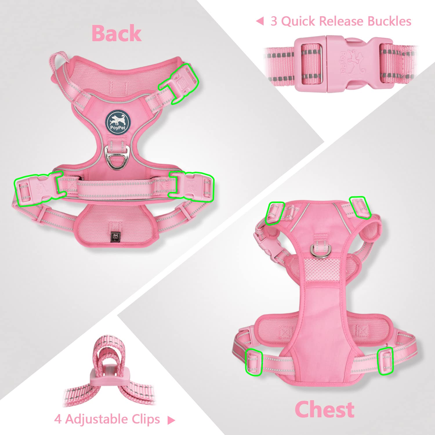 PoyPet No Pull Dog Harness - Reflective Adjustable Pet Vest with Padded Handle for Small Medium Large Dogs | Light Pink Matching Trim | Size L | Perfect for Walking, Training & Nighttime Safety