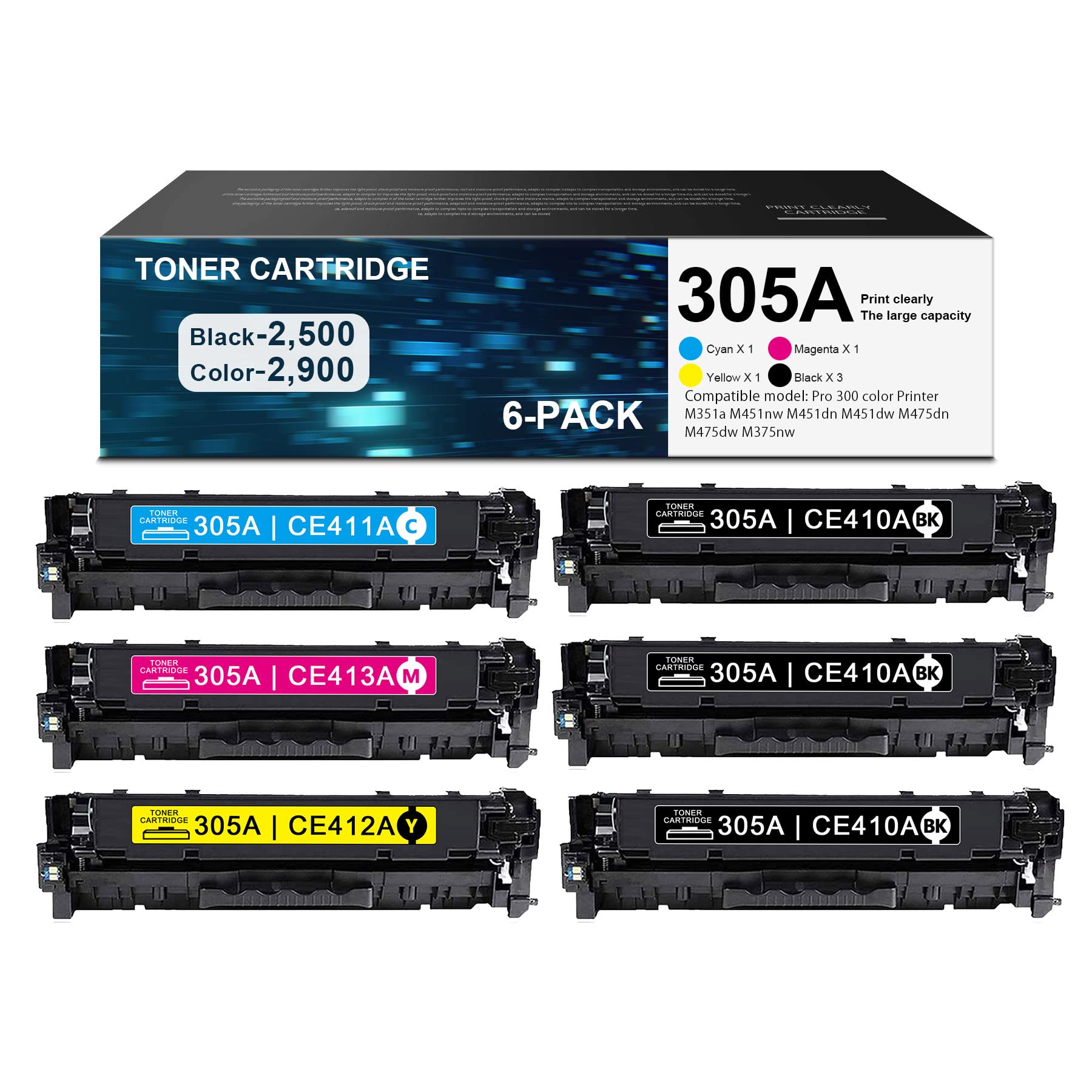 6-Pack HP 305A Toner Cartridge (3BK+1C+1M+1Y) - CE410A CE411A CE412A CE413A Compatible with HP M351a M451nw M475dw M451dn M475dn M375nw M451dw Printers - High-Yield Replacement for Home & Office Use - Sold by DIOUSAINK