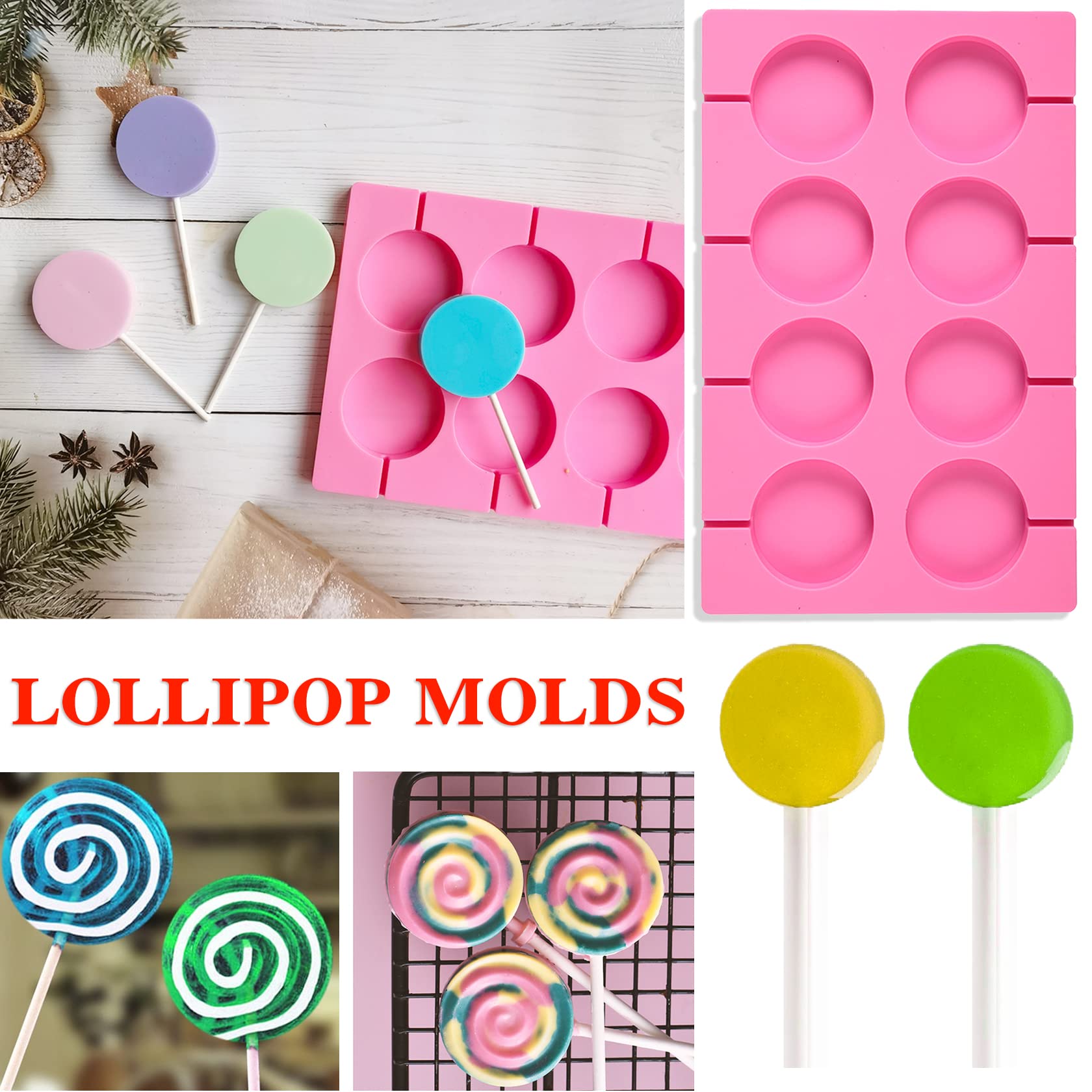 8-Cavity Round Silicone Lollipop Molds - Non-Stick Chocolate Candy Molds with 20 Sticks for Hard Candies, Chocolate, Bread & Jellies - Perfect for DIY Treats, Party Favors and Home Baking (Suction Cup Base Included)