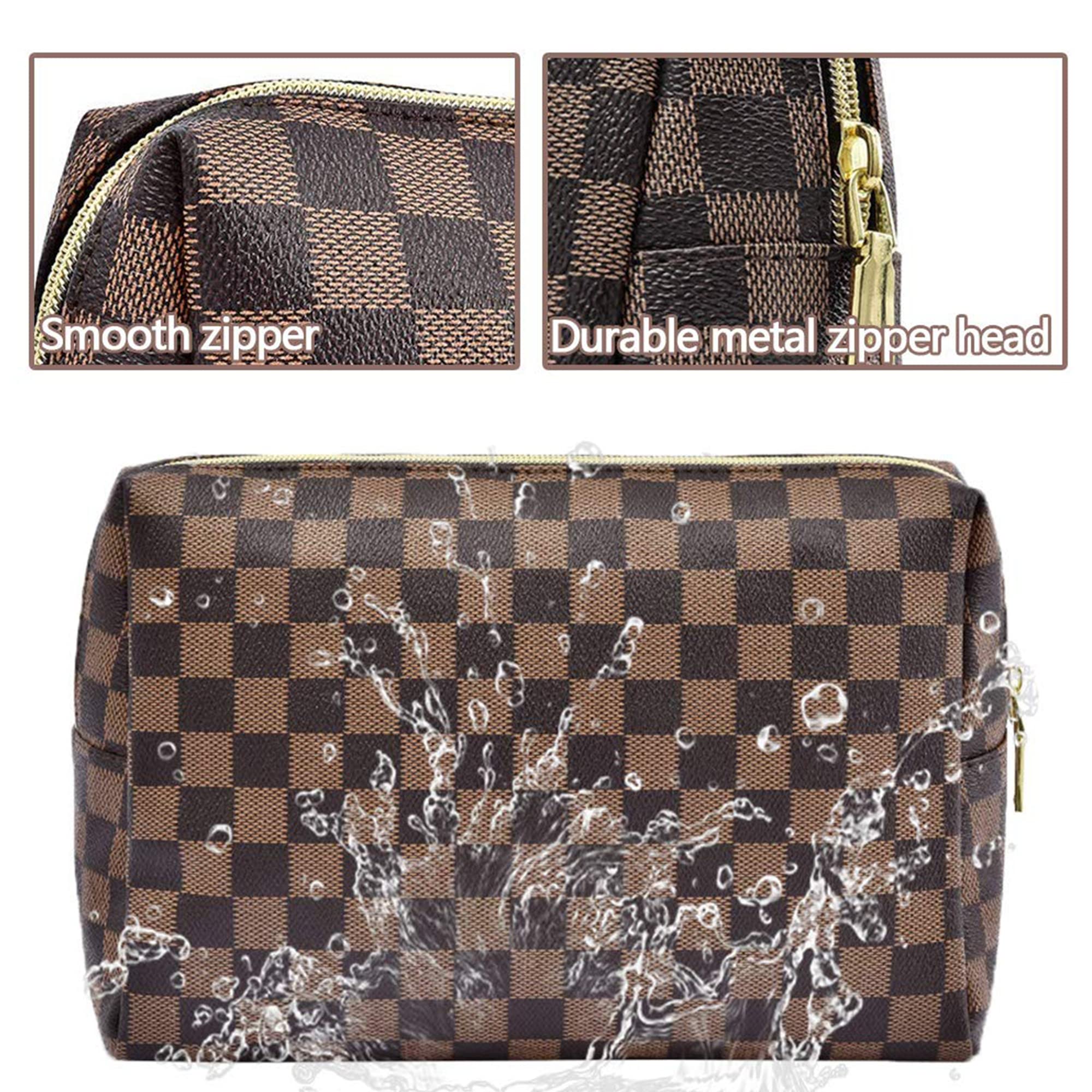 Stylish Leather Checkered Makeup Bag 2-Pack - Large Capacity Waterproof Cosmetic Organizer for Women | Travel Toiletry Case, Christmas Gift Idea for Makeup Lovers (Perfect for Air Travel, Gym Essentials & Daily Beauty Storage)