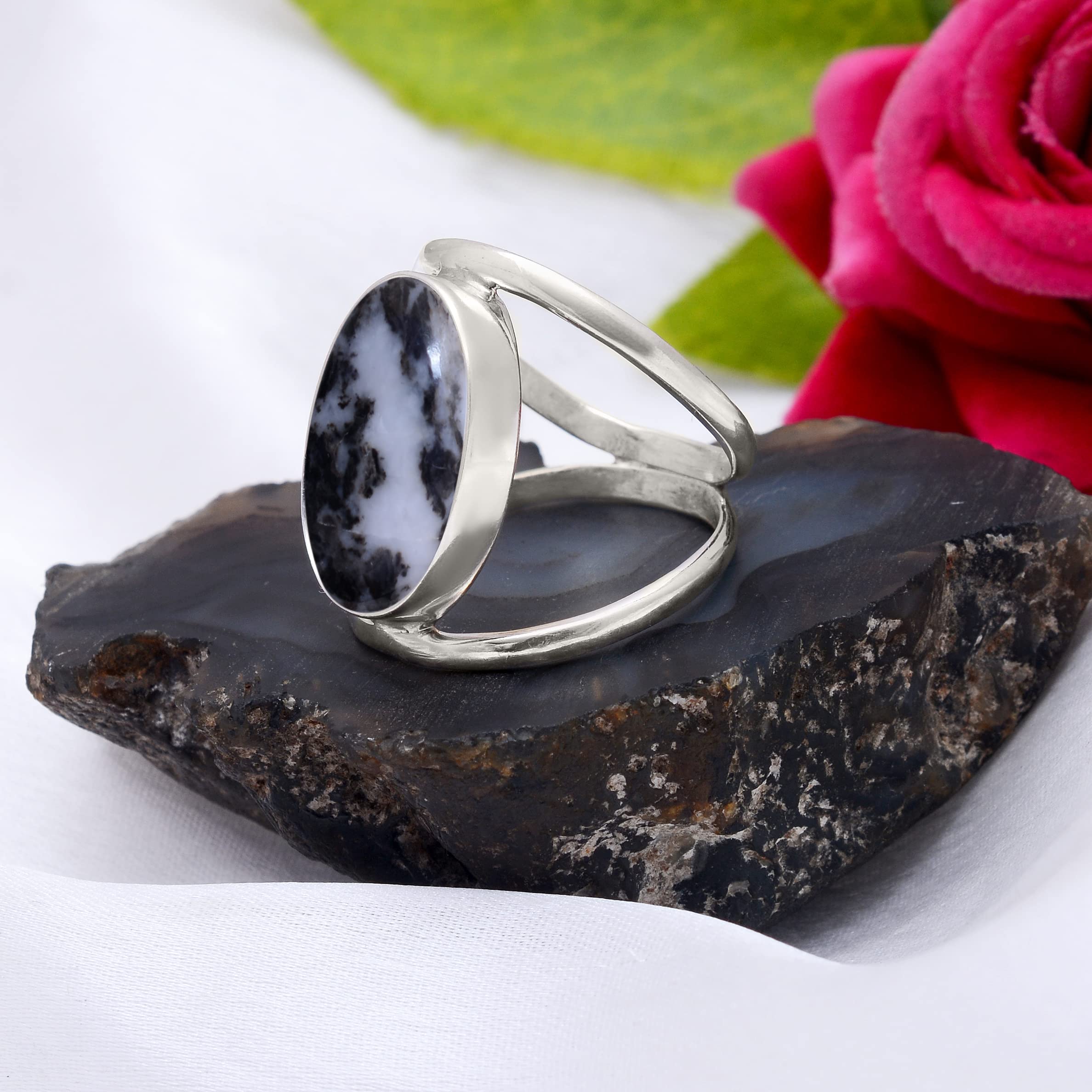 Veracity Jewelry Zebra Jasper Rings for Women - 925 Sterling Silver Healing Meditation Rings with Natural Black White Gemstone - Spiritual Jewelry Gift for Yoga, Reiki & Energy Healing (VSR-408)