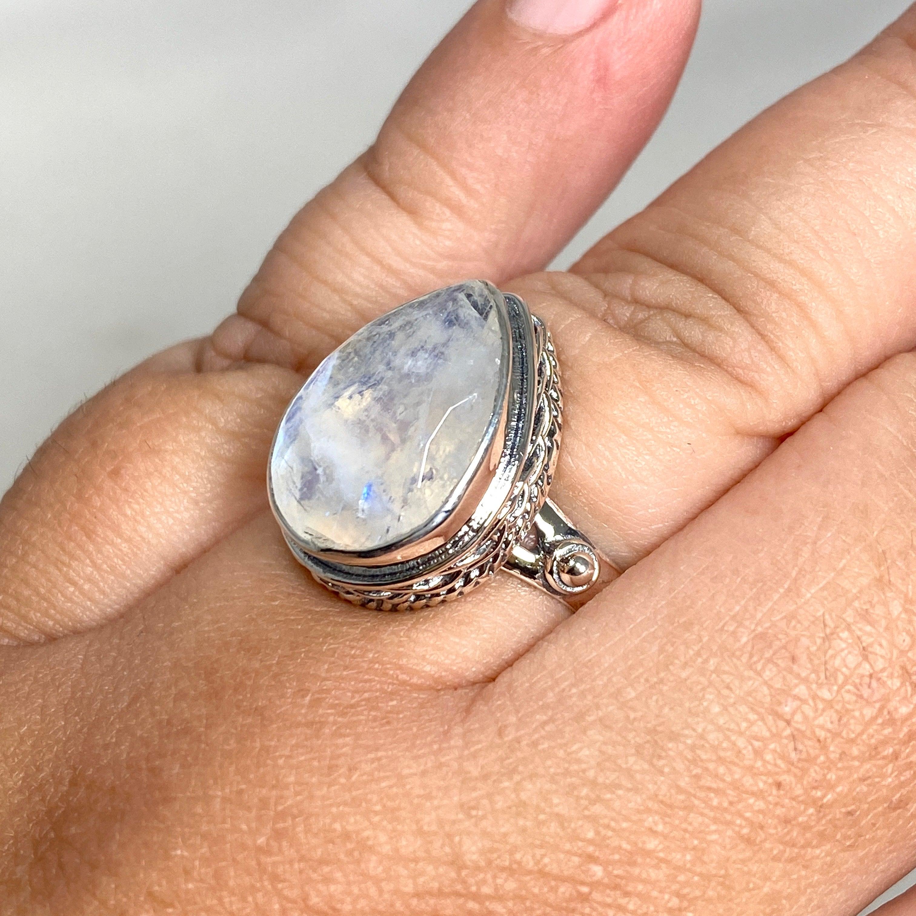 Moonstone Faceted Teardrop Ring in Sterling Silver - Elegant Bohemian Jewelry for Women | Perfect for Weddings, Parties & Everyday Wear R3817