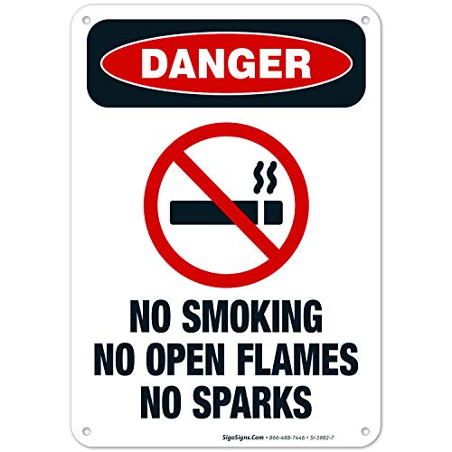 No Smoking No Open Flames No Sparks OSHA Danger Sign (SI-3982) - 10x7 Inch Rustproof Aluminum Safety Sign - Fade Resistant for Indoor & Outdoor Use - Made in USA by Sigo Signs - Perfect for Factories, Warehouses, Gas Stations & Hazardous Areas