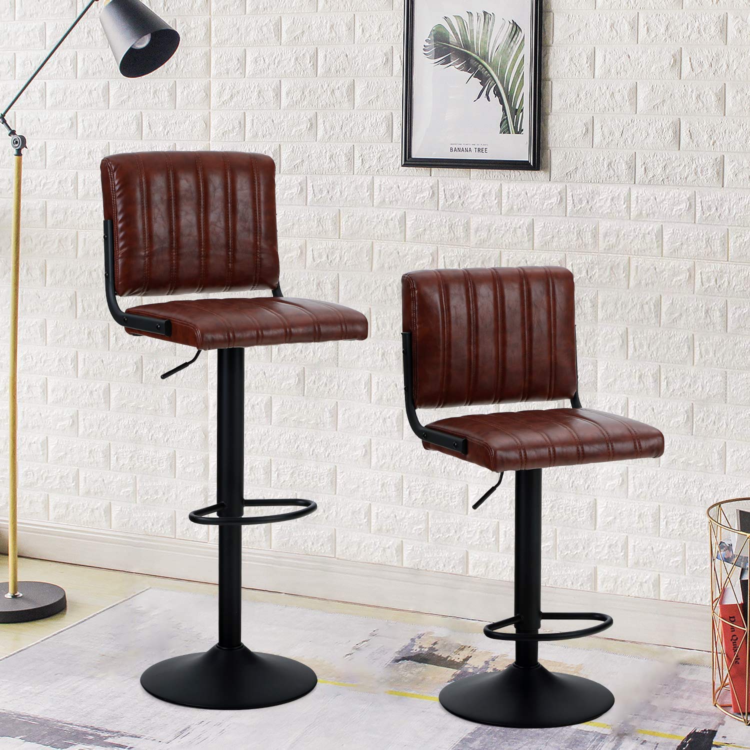 Sophia & William Set of 2 Adjustable Swivel Bar Stools - 300lb Capacity PU Leather Counter Height Stools with Backrest, Modern Kitchen Island Stools for Pub, Farmhouse & Breakfast Nook - Reddish Brown