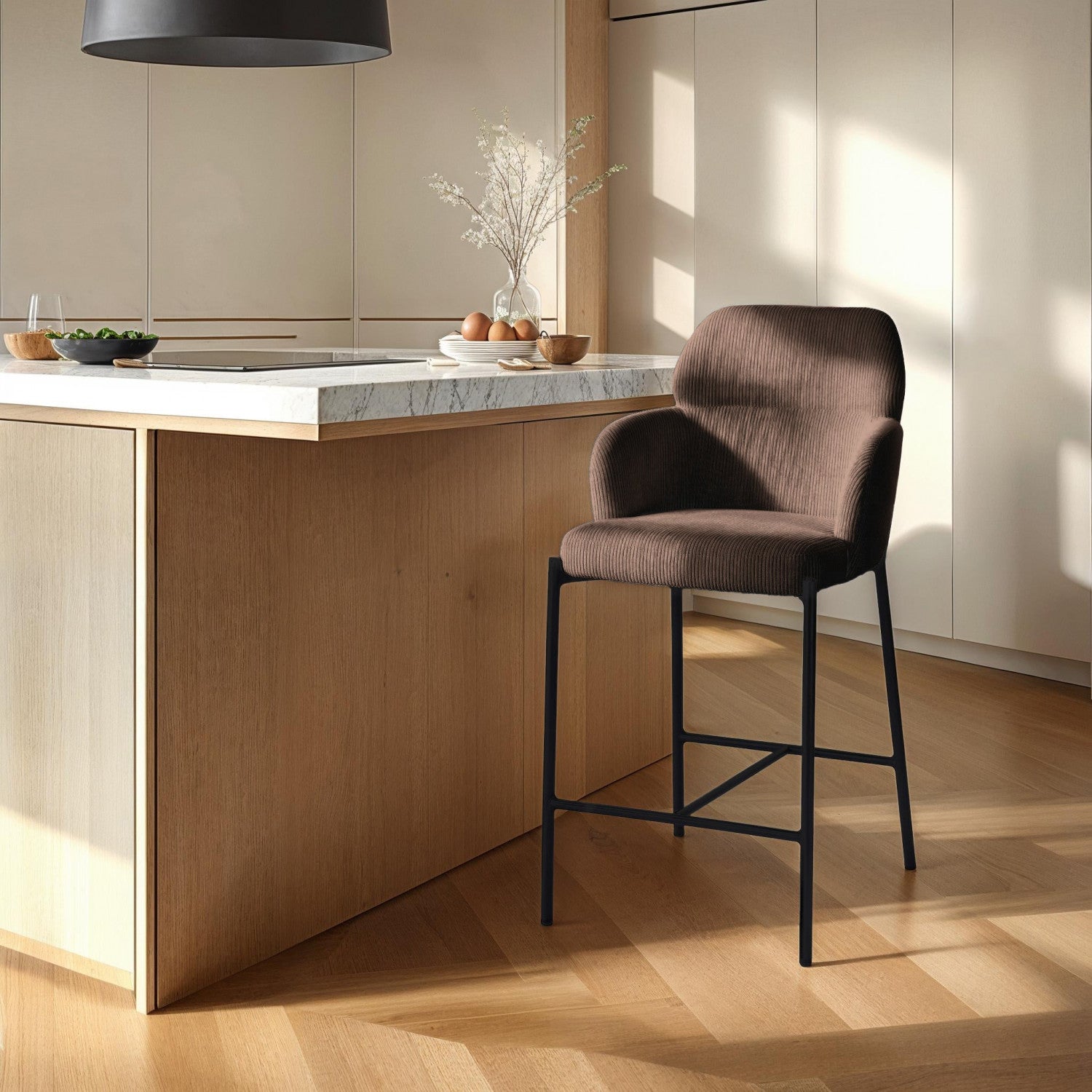 Premium Celon Counter Stool Set of 2 - Soft Corduroy Upholstery in Warm Brown - Perfect for Kitchen Islands, Breakfast Bars & Home Decor