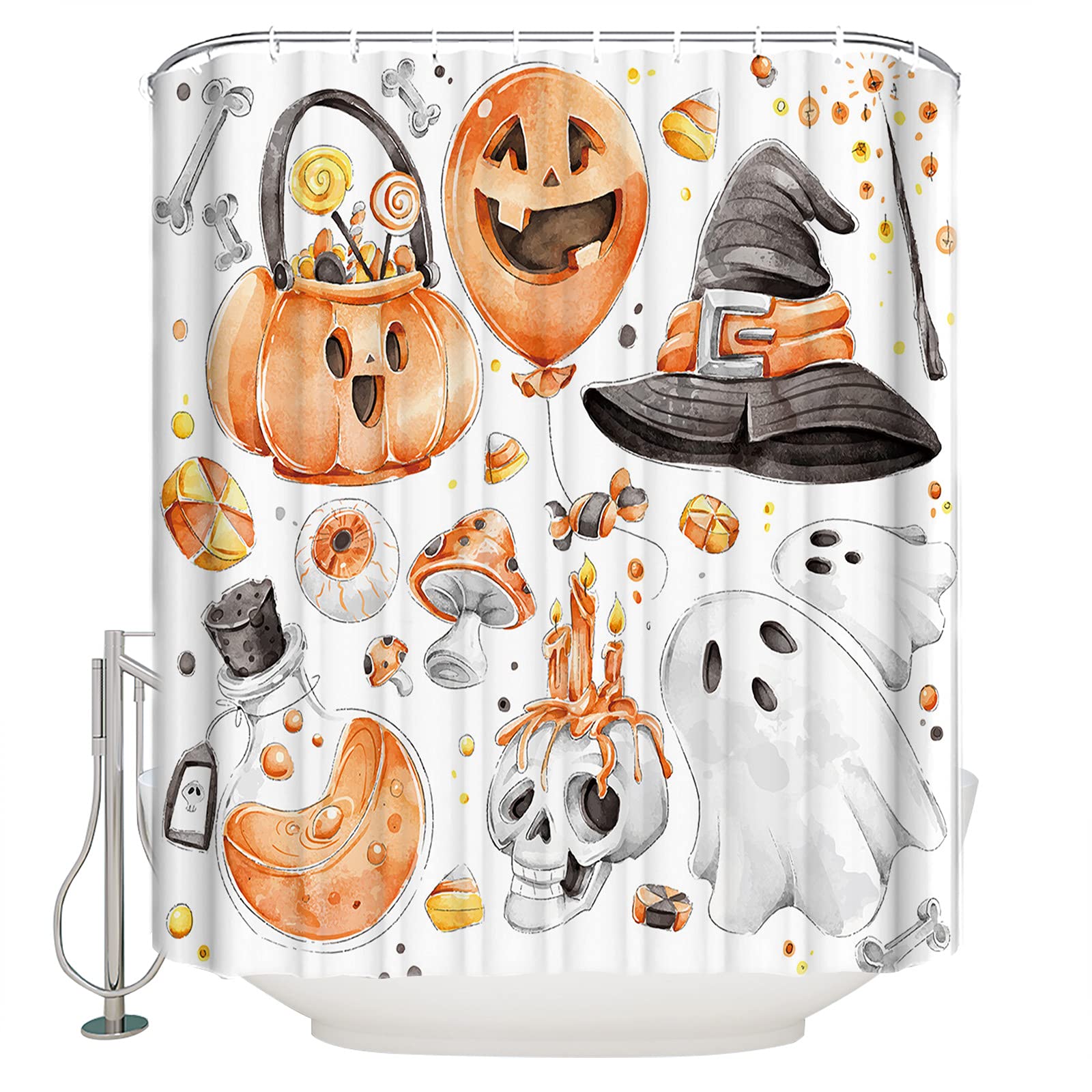 Halloween Orange Balloon Ghost Skeleton Hat Fabric Shower Curtain Set with Hooks - 72x72 Inch Waterproof Bathroom Decor for Spooky Holiday Theme (Perfect for Halloween Parties, Haunted House Decor & Gothic Bathroom Styling)