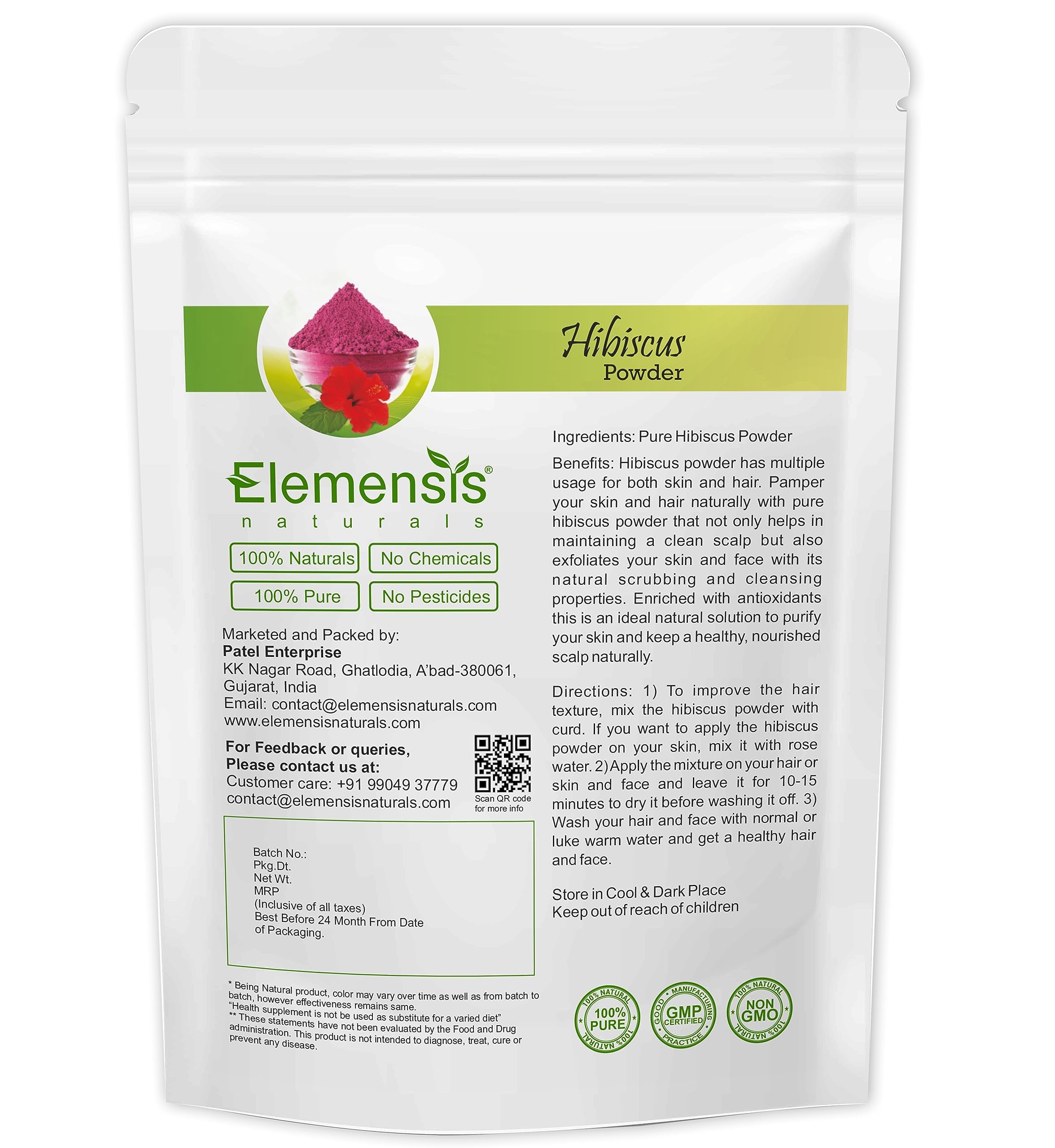 Elemensis Naturals Pure Organic Hibiscus Powder for Hair & Skin Care - 100g | Natural Hair Mask, Face Mask & Scalp Treatment for Healthy Growth & Glow | DIY Beauty & Wellness at Home