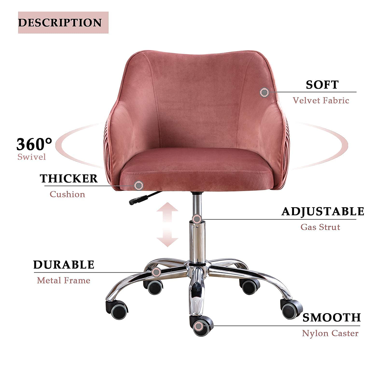 Cute Pink Velvet Desk Chair with Wheels and Arms for Teen Girls - Ergonomic Swivel Rolling Task Chair for Home Office, Bedroom, Makeup Vanity - Comfy Computer Chair for Studying, Working, Gaming & Relaxing