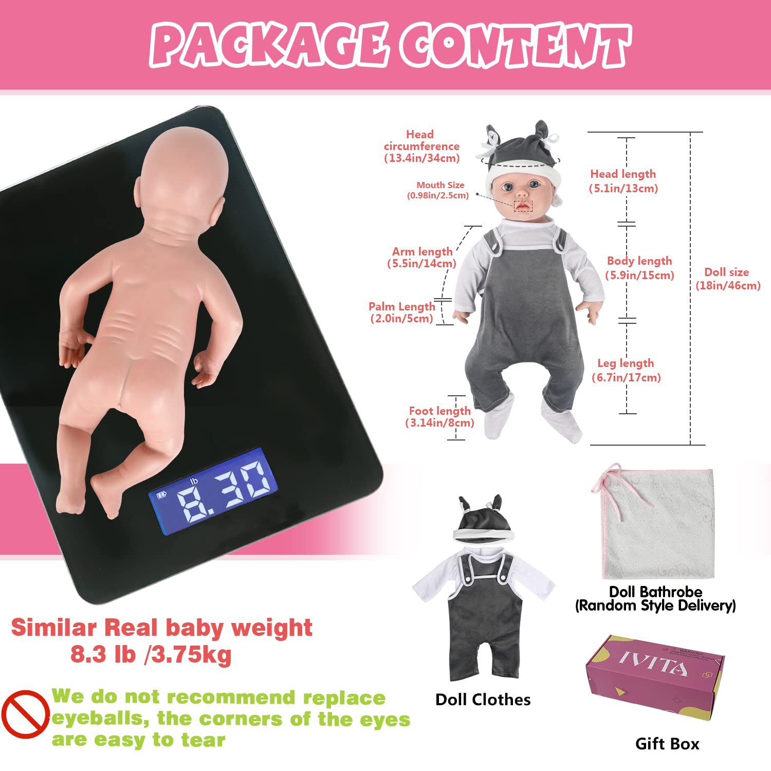 IVITA 18 Inch Realistic Silicone Reborn Baby Doll Boy - Non-Toxic & Hypoallergenic - Perfect for Gift, Nursery Decor, Photography Props & Playtime