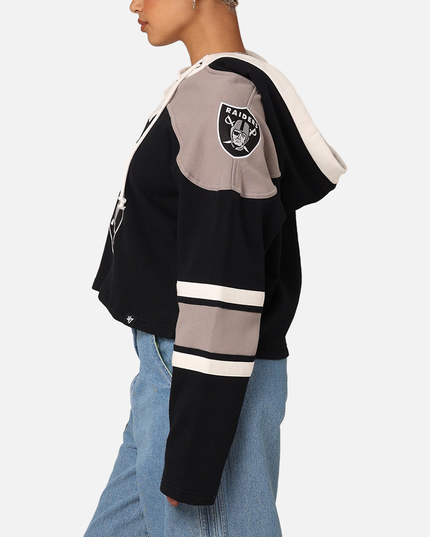 47 Brand Women's Las Vegas Raiders Cropped Lace-Up Hoodie - Jet Black NFL Fan Gear for Game Day & Casual Wear