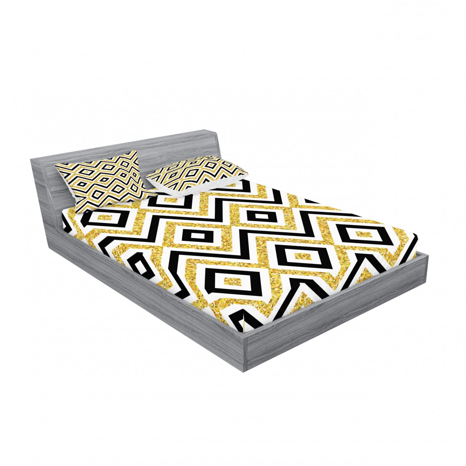 Ambesonne 2-Piece Queen Size Fitted Sheet Set with 4 Pillow Shams - Modern Geometric Black White Yellow Bedding Collection | Perfect for Guest Rooms, Dorm Decor & Contemporary Home Styling