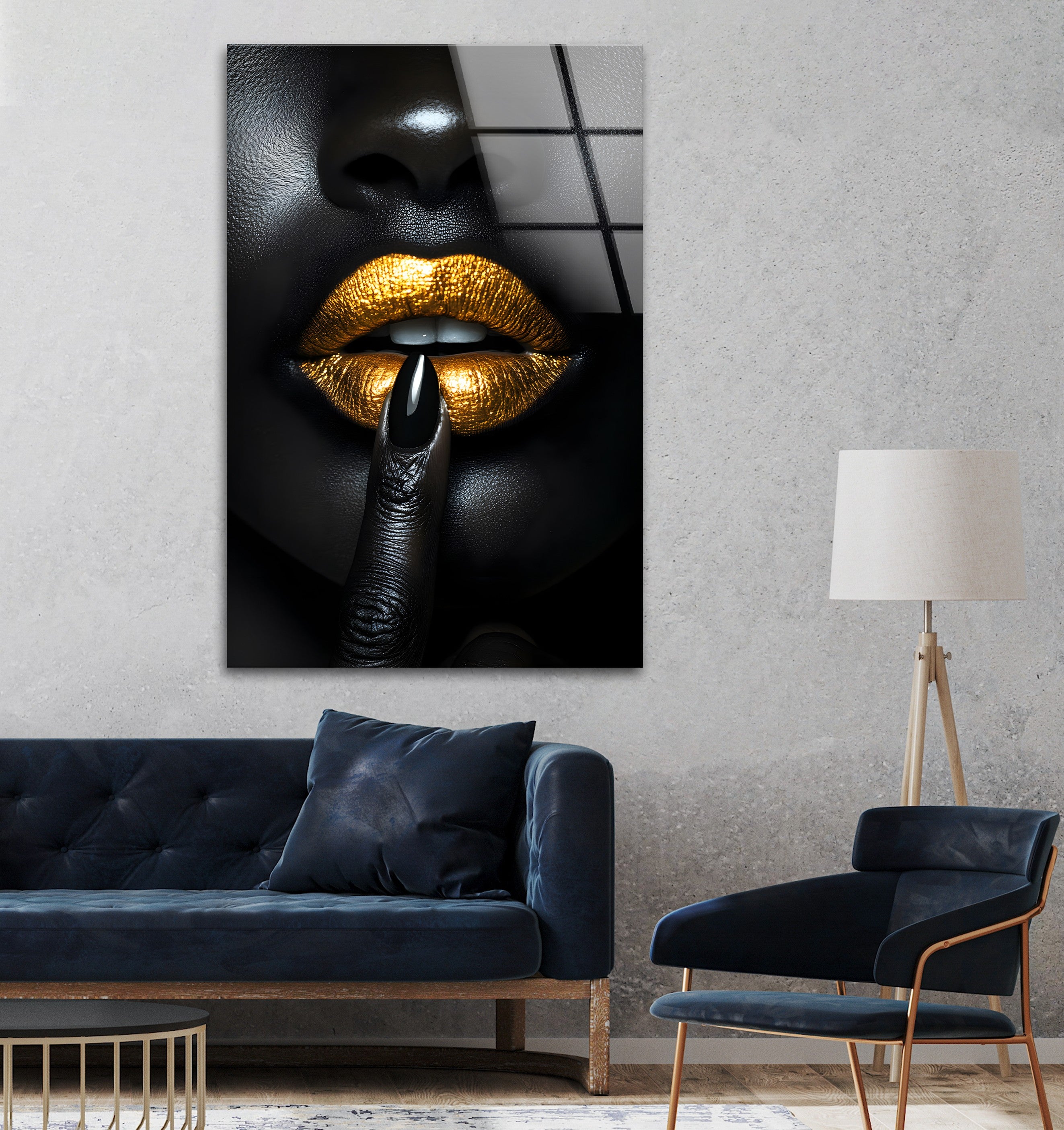 Black and Gold Lips Wall Art - Bold & Striking Glass Wall Decor for Living Room, Bedroom & Office | Modern Home Decor & Unique Gift Idea