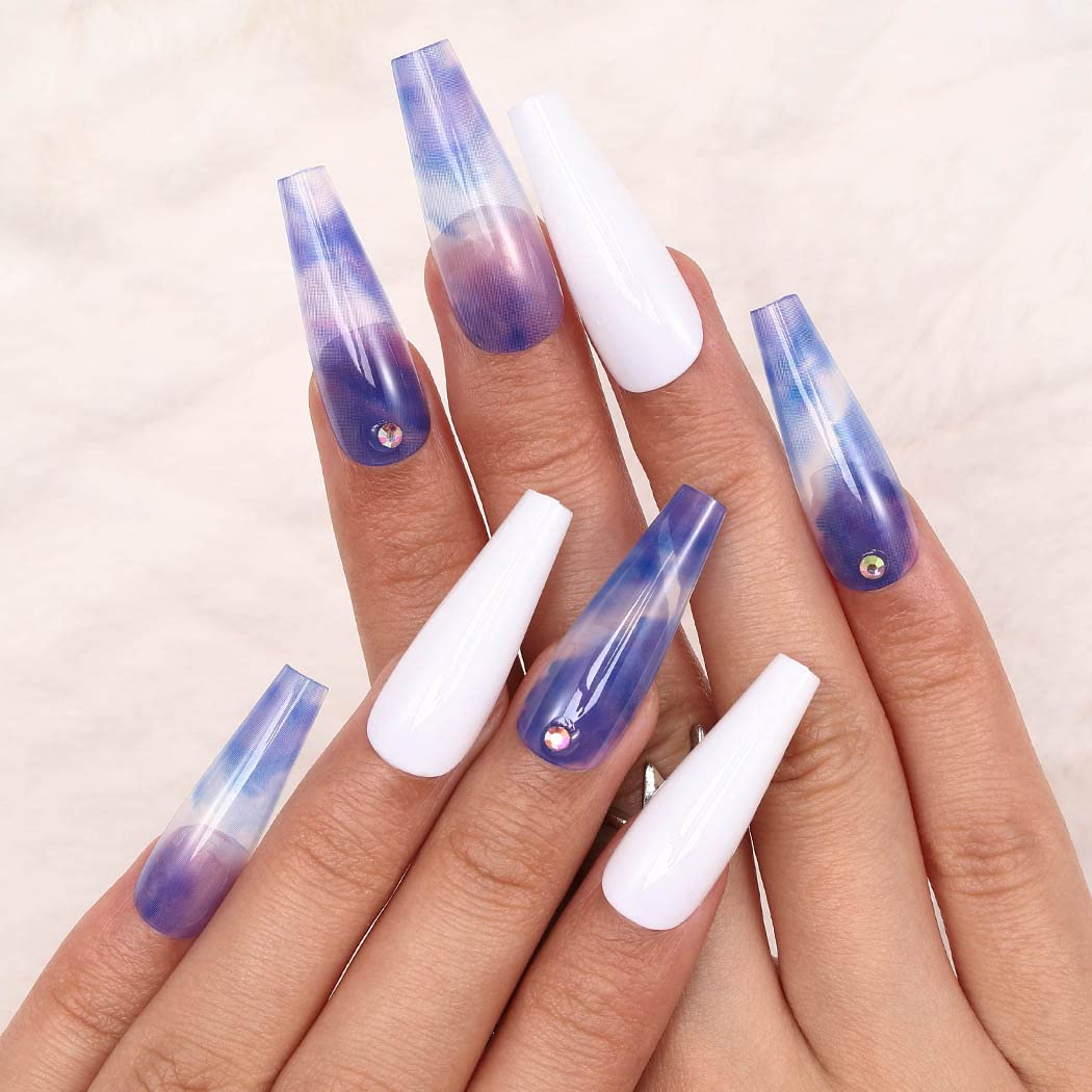 Glossy Purple Press on Nails Long Coffin Shape with Marble Design & Glitter Rhinestones - 24Pcs Full Cover False Nails for Women & Girls - Perfect for Parties, Weddings, and Special Occasions