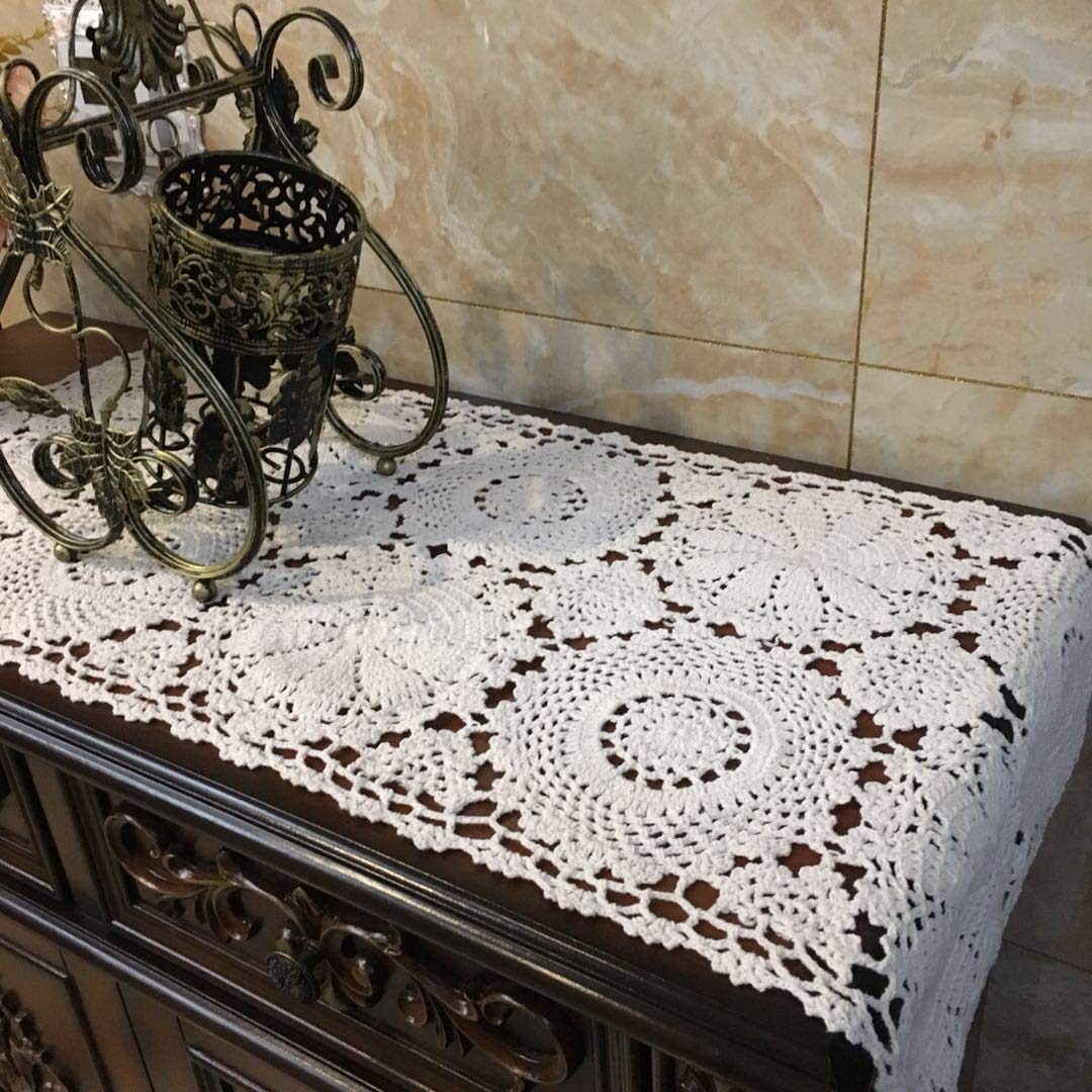 USTIDE 2-Piece 100% Cotton Crochet Lace Rectangular Table Runner Set - Ecru & White Dresser Scarf Doilies (11x23 Inches) for Dining Table Decor, Wedding Centerpiece & Vintage Home Accents
