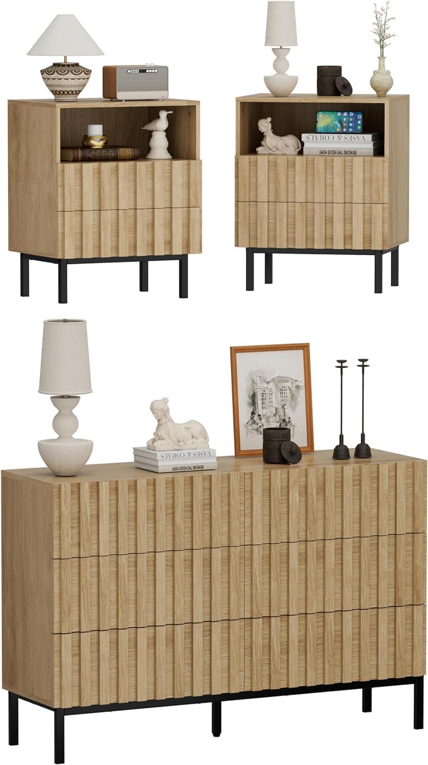Mid Century Modern Bedroom Furniture Set - 6 Drawer Dresser & 2 Nightstands (3 Piece Wooden Set) for Master Bedroom, Guest Room & Apartment Decor