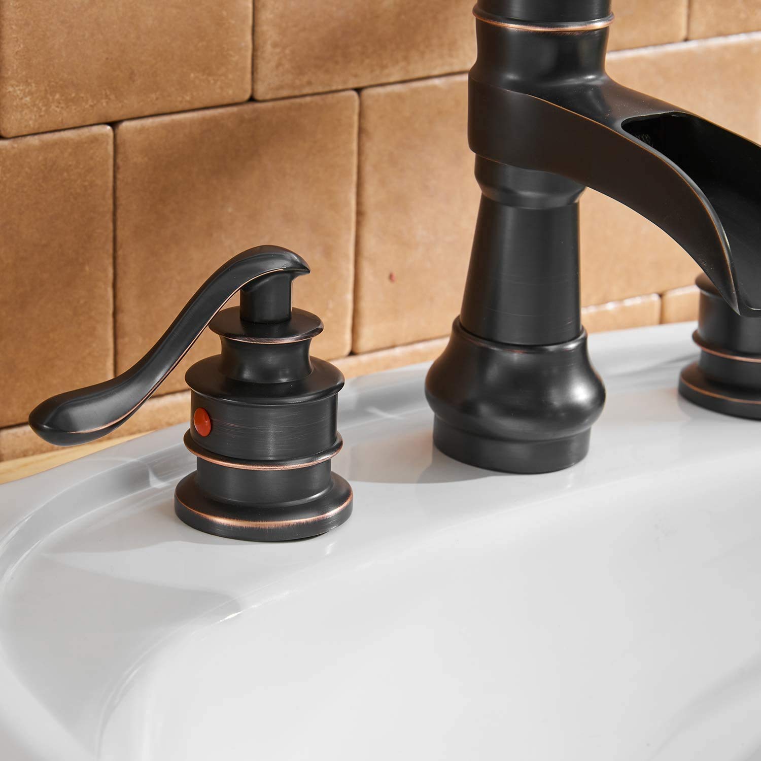 8 Inch Widespread Bathroom Sink Faucet - Oil Rubbed Bronze Two Handle Farmhouse Waterfall Design with Pop-Up Drain Stopper, Lead-Free Commercial Supply Lines - Perfect for Vanity, Guest Bath & Rustic Home Decor
