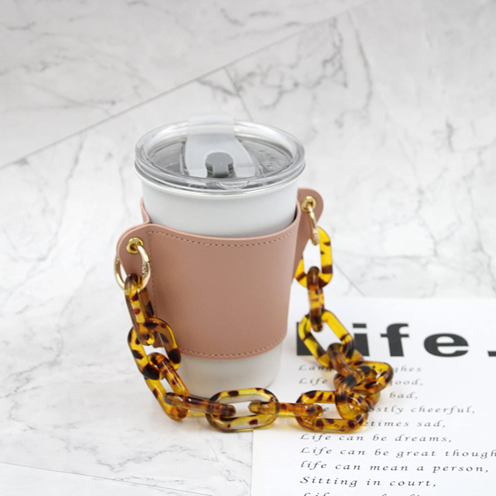 Premium Leather Drink Sleeve Holder - Reusable Travel Coffee Cup Carrier with Detachable Metal Chain | Insulated Portable Beverage Holder for Hot/Cold Drinks (Light Pink) | Perfect for Office Commute, Travel & Outdoor Activities