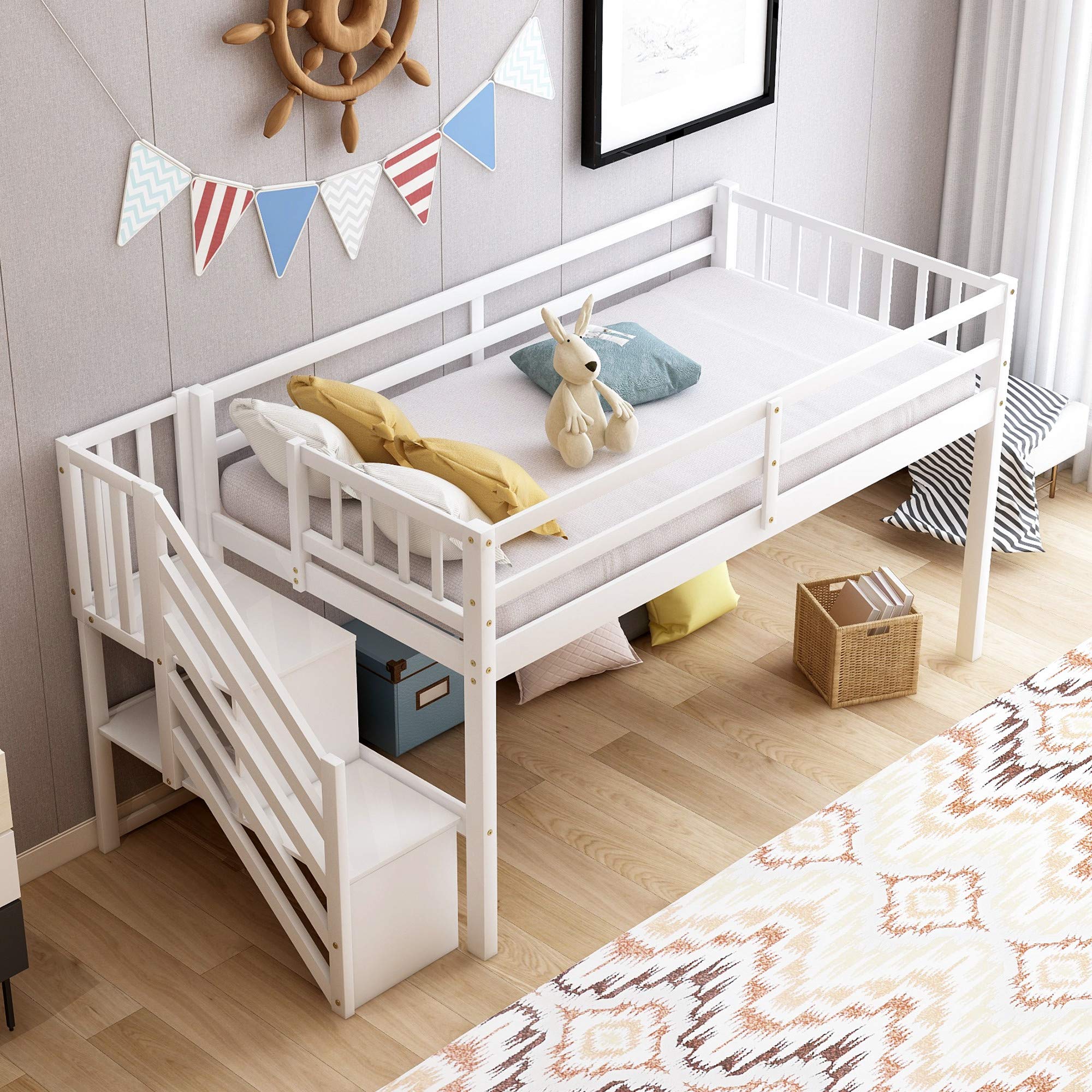 Solid Wood Loft Bed with Ladder & Storage - Twin Size Low Floor Bed Frame for Kids, Teens, Boys & Girls | No Box Spring Needed | Perfect for Small Bedrooms, Guest Rooms & Dorm Rooms (White)