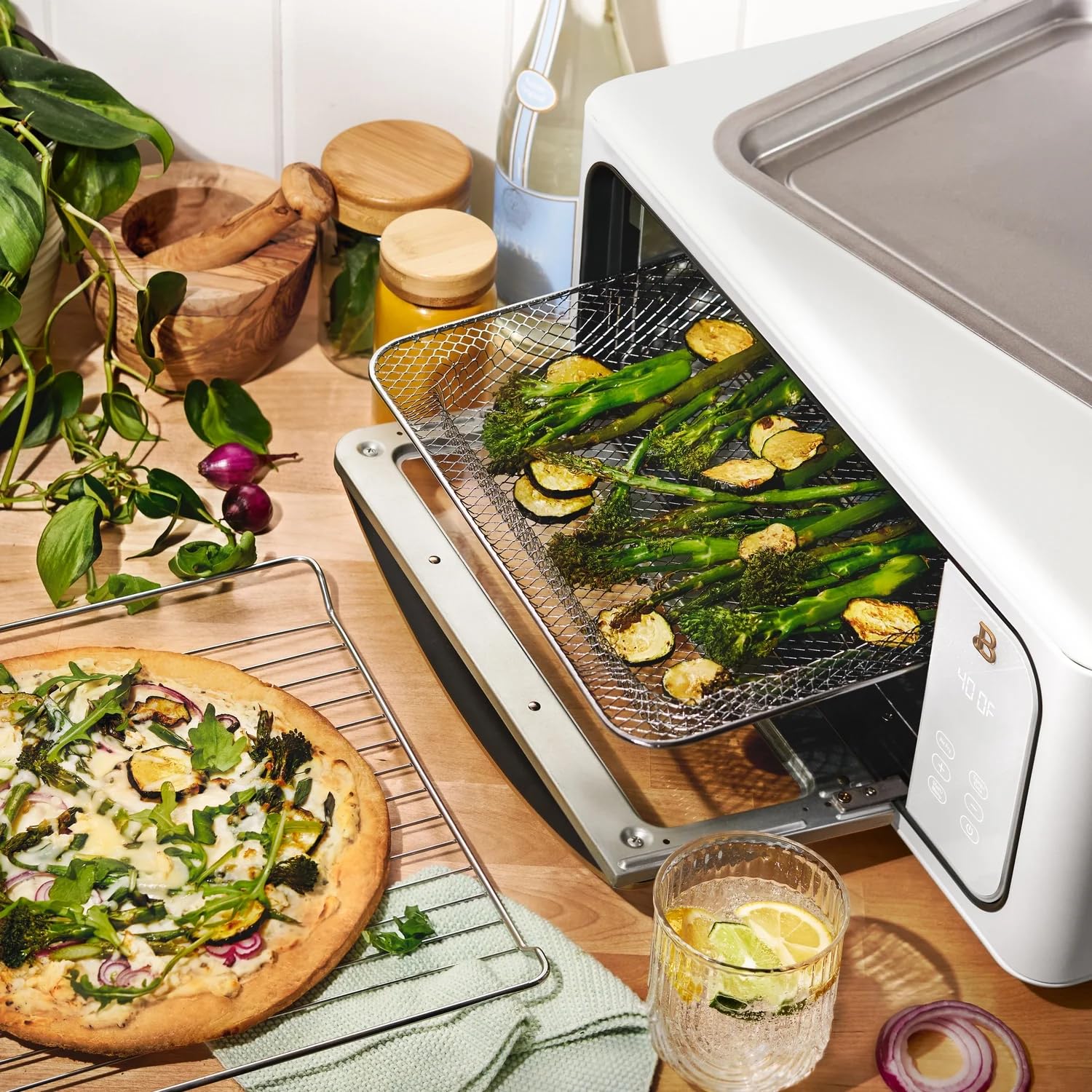 Drew Barrymore 9-Slice Infrared Air Fryer Toaster Oven - 1800W Digital Convection Oven with 10 Preset Functions & LCD Display (White) - Perfect for Baking, Roasting, Air Frying & Family Cooking