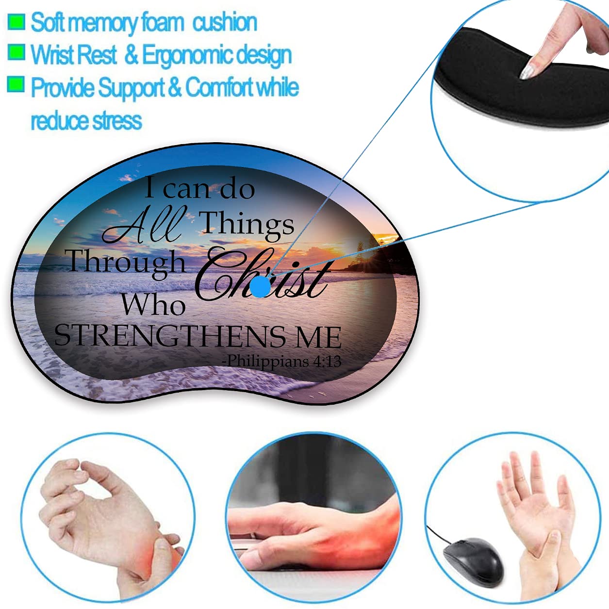 Ergonomic Mouse Pad Set with Memory Foam Wrist Rest & Coaster - Comfortable Gaming & Office Accessories for Laptop/PC - Perfect for Work, Gaming & Bible Study (Philippians 4:13 Inspired)