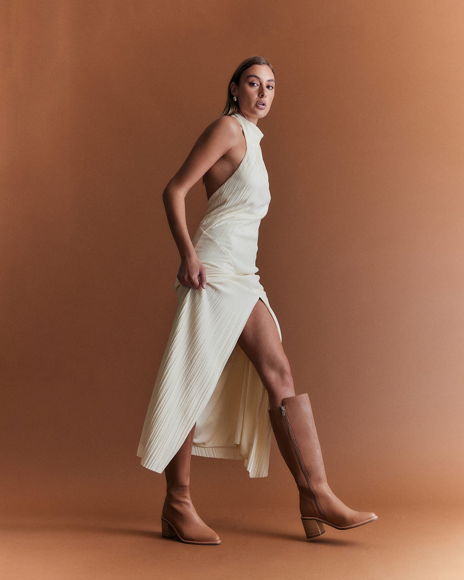 ANISSA Women's Knee High Boots in Beige Genuine Leather - Stylish Fall & Winter Fashion for Casual Outings and Office Wear