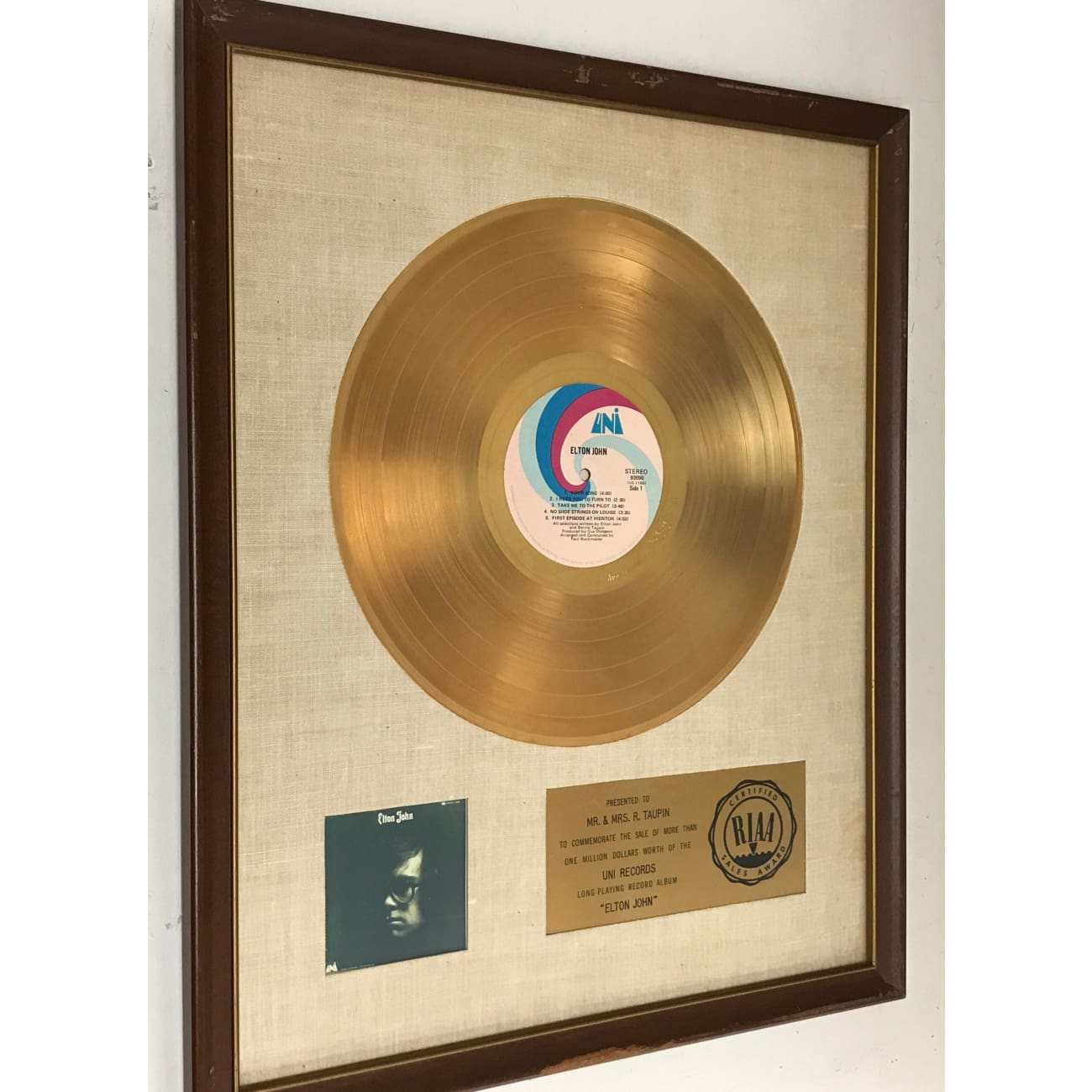 Elton John 1970 Debut RIAA Gold LP Award - Rare Collectible Vinyl Record for Music Enthusiasts | Perfect for Display in Home Theater, Music Room or Collector's Showcase