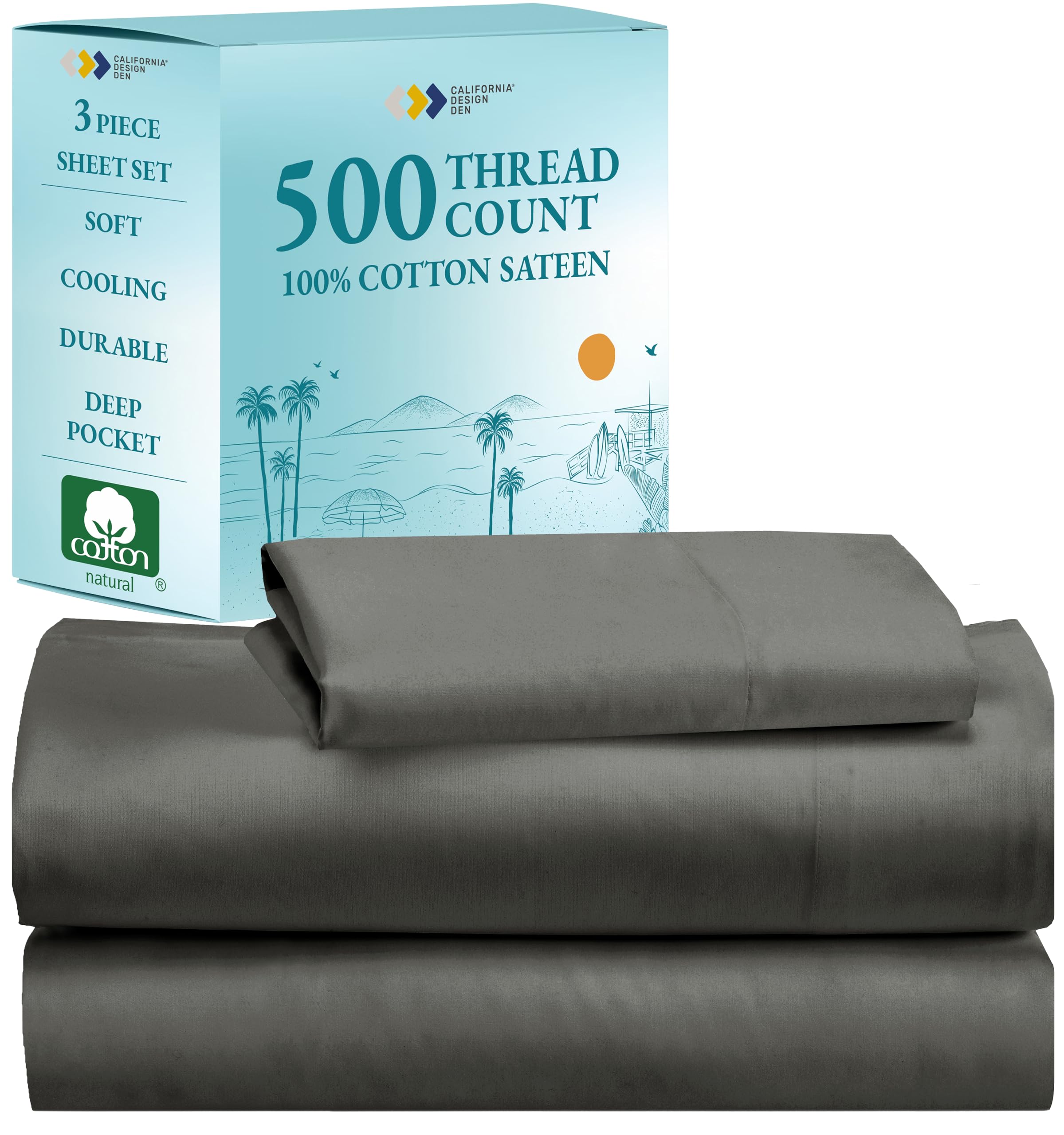 California Design Den - Premium 100% Cotton Twin Size Bed Sheets Set, Soft Cooling Sateen Weave with Deep Pockets, 500 Thread Count - Grey - Perfect for Hot Sleepers & Guest Rooms